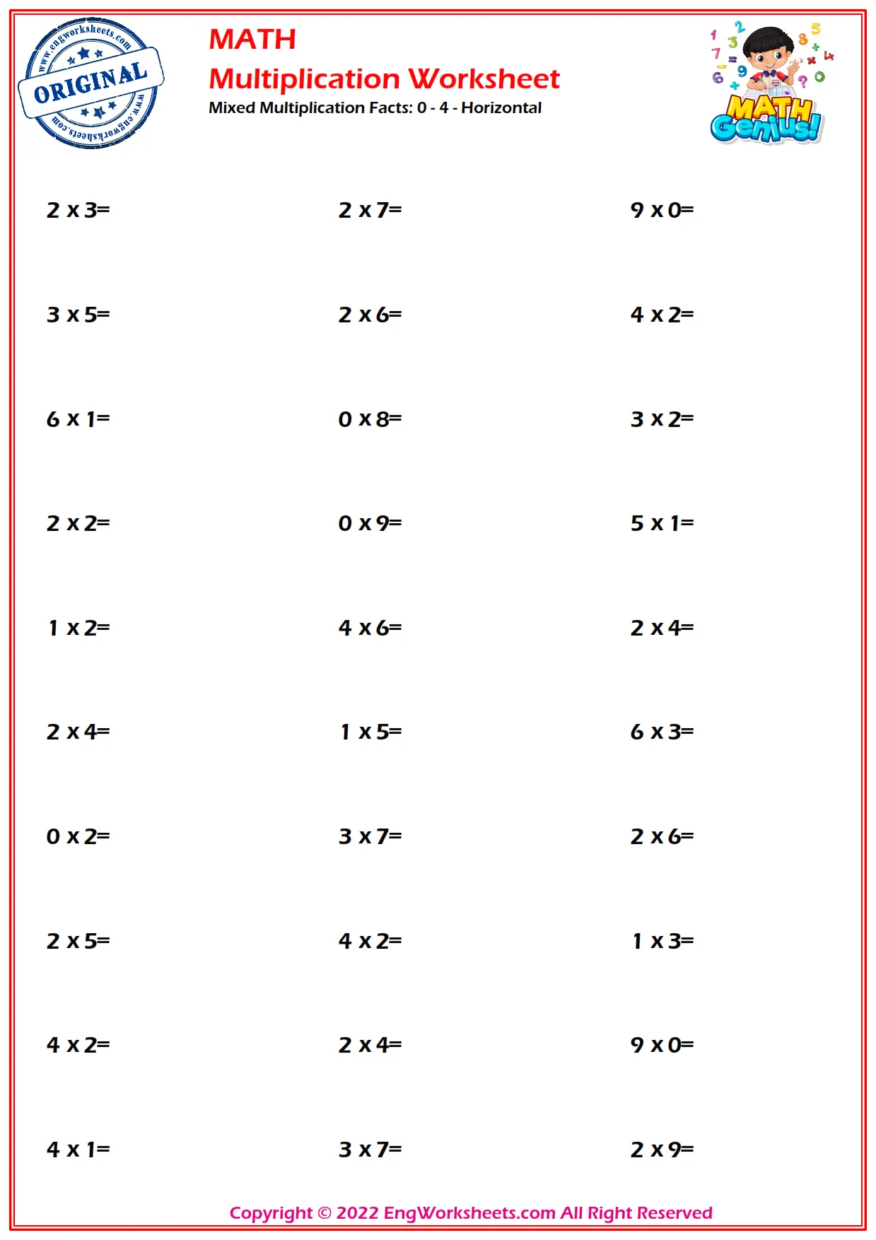 Mixed Multiplication Facts: 0 - 4 - Horizontal
