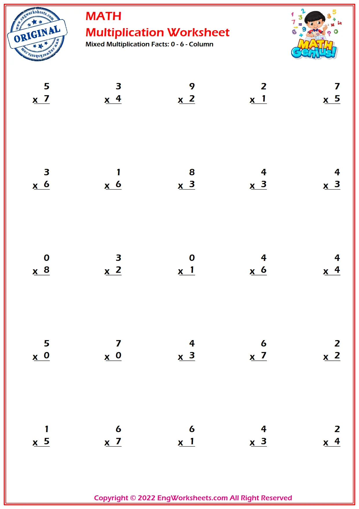 Mixed Multiplication Facts: 0 - 6 - Column
