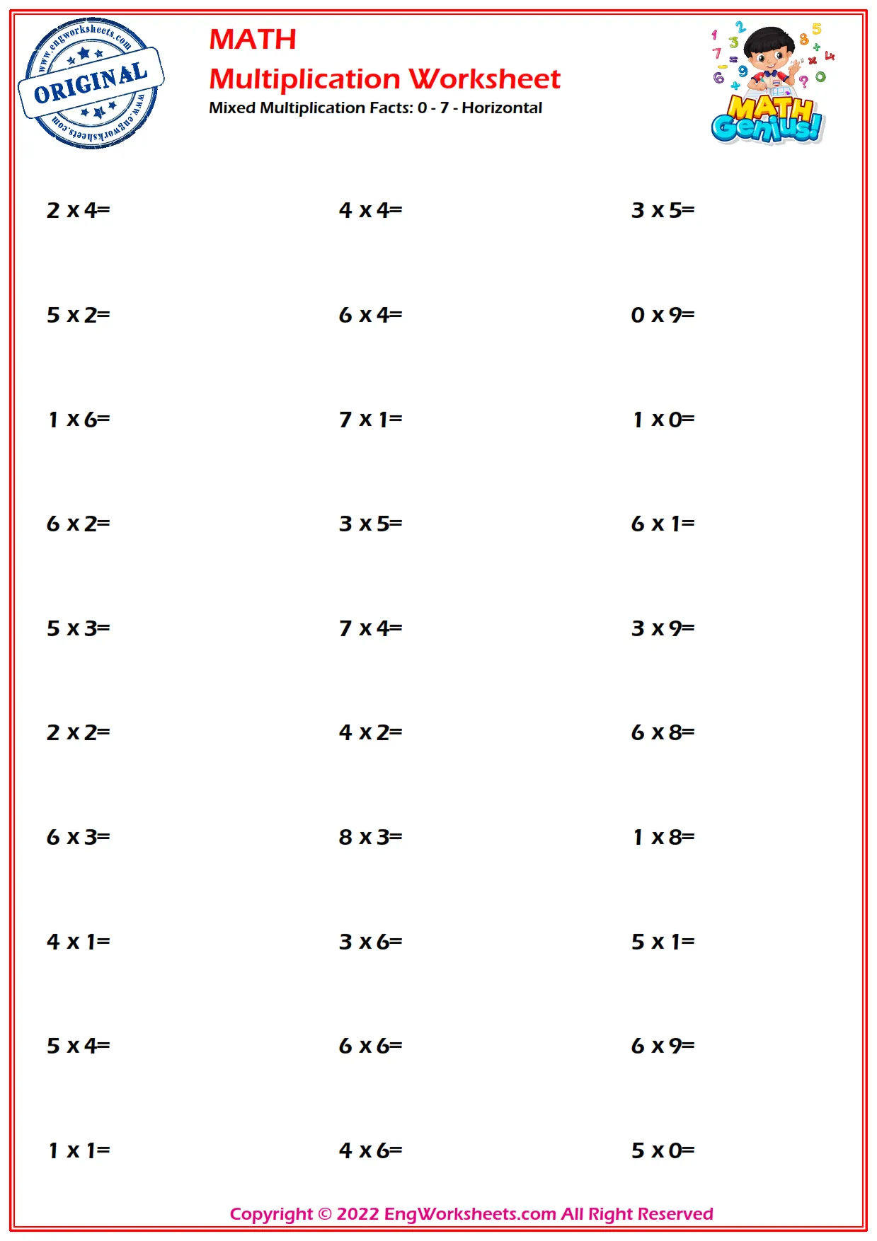Mixed Multiplication Facts: 0 - 7 - Horizontal