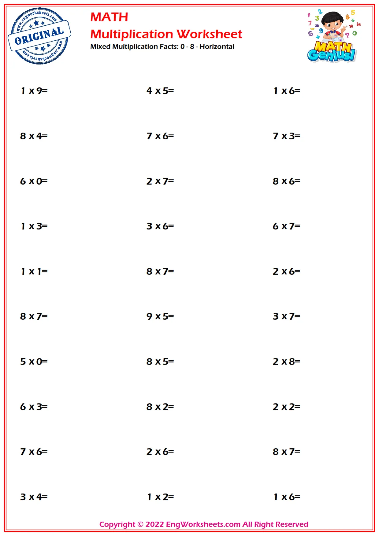 Mixed Multiplication Facts: 0 - 8 - Horizontal