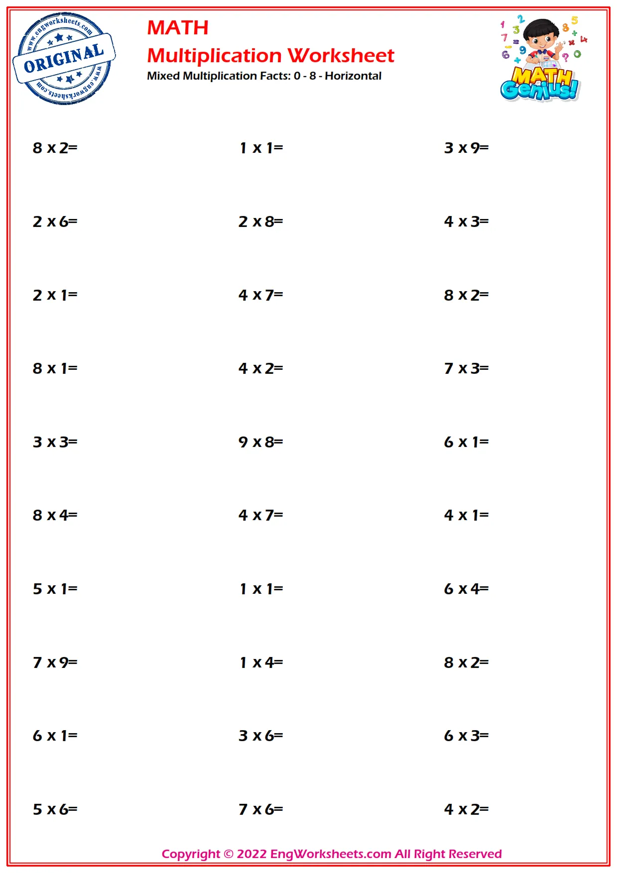 Mixed Multiplication Facts: 0 - 8 - Horizontal