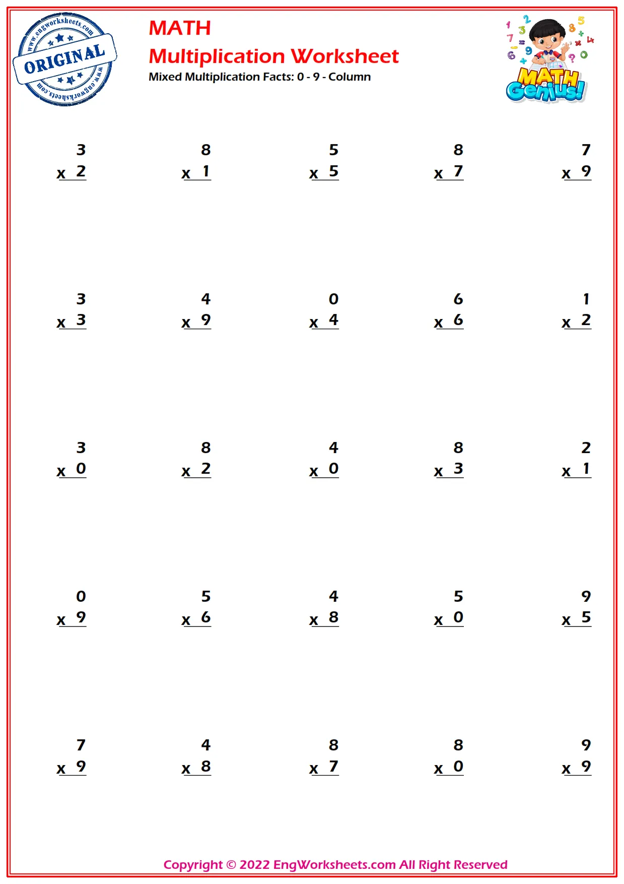 Mixed Multiplication Facts - Column