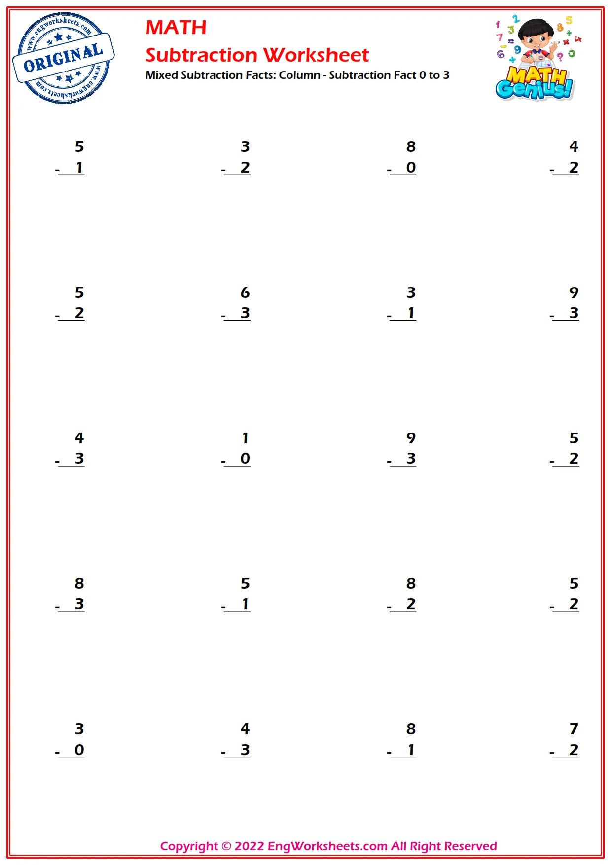 Mixed Subtraction Facts: Column - Subtraction Fact 0 to 3