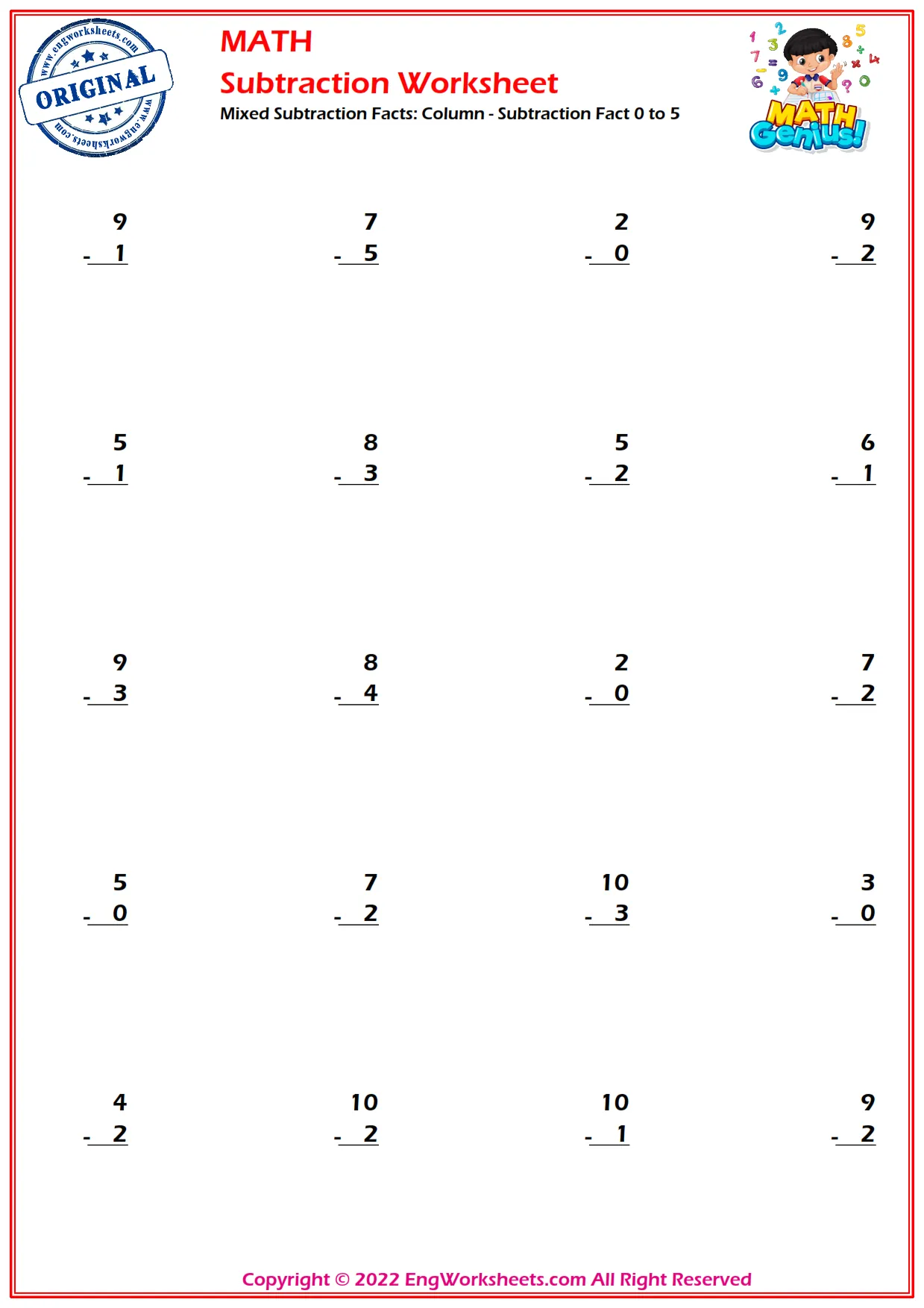 Mixed Subtraction Facts: Column - Subtraction Fact 0 to 5