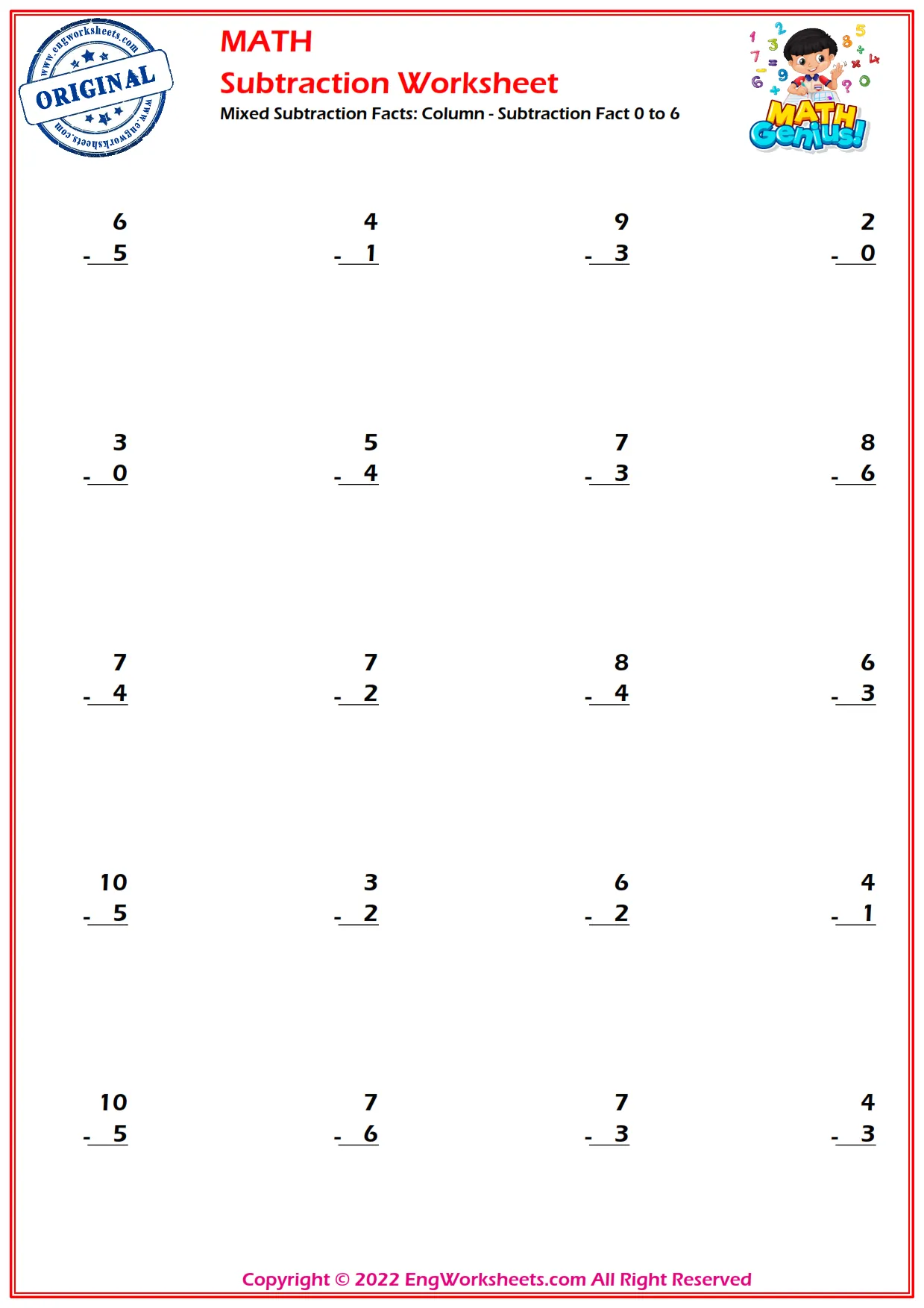 Mixed Subtraction Facts: Column - Subtraction Fact 0 to 6