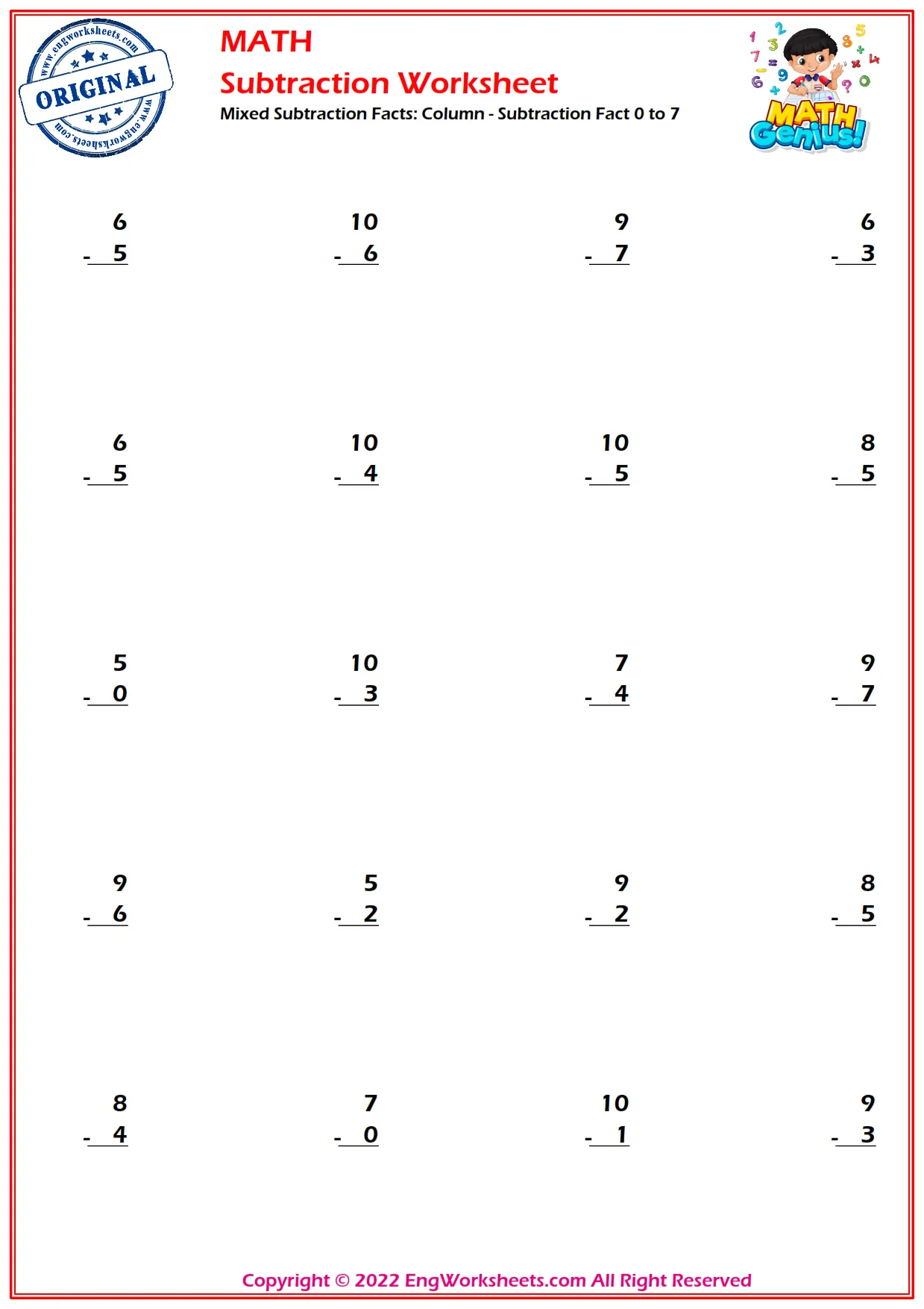 Mixed Subtraction Facts: Column - Subtraction Fact 0 to 7