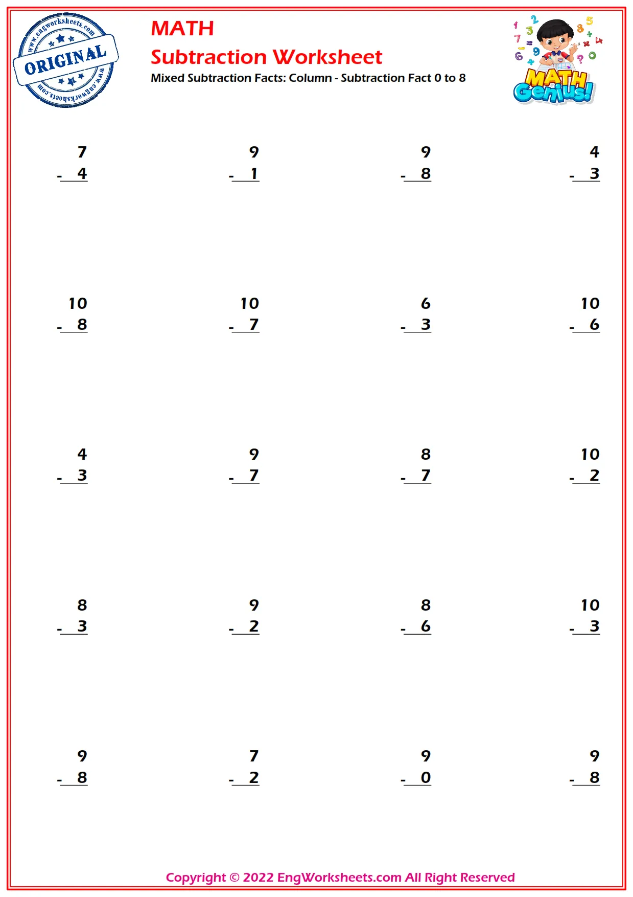 Mixed Subtraction Facts: Column - Subtraction Fact 0 to 8