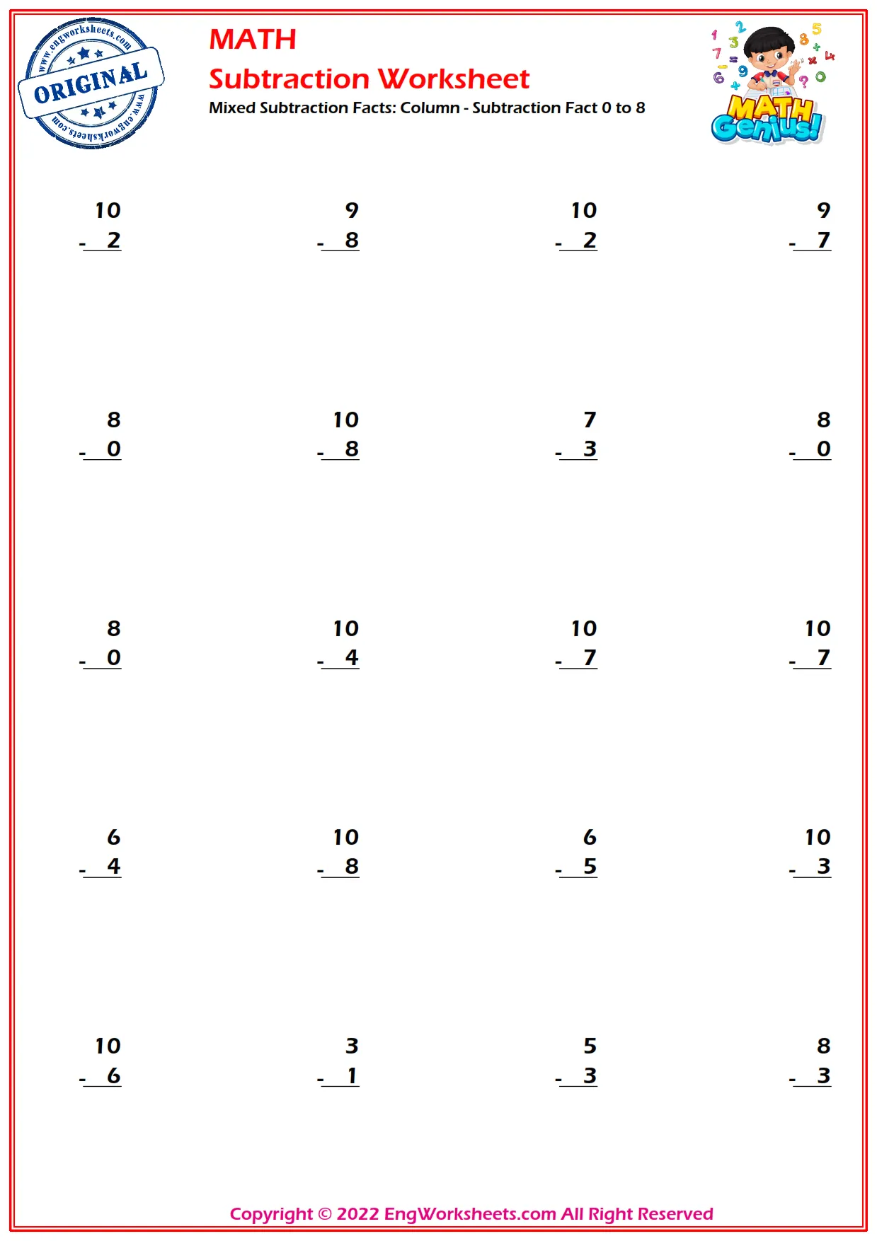 Mixed Subtraction Facts: Column - Subtraction Fact 0 to 8