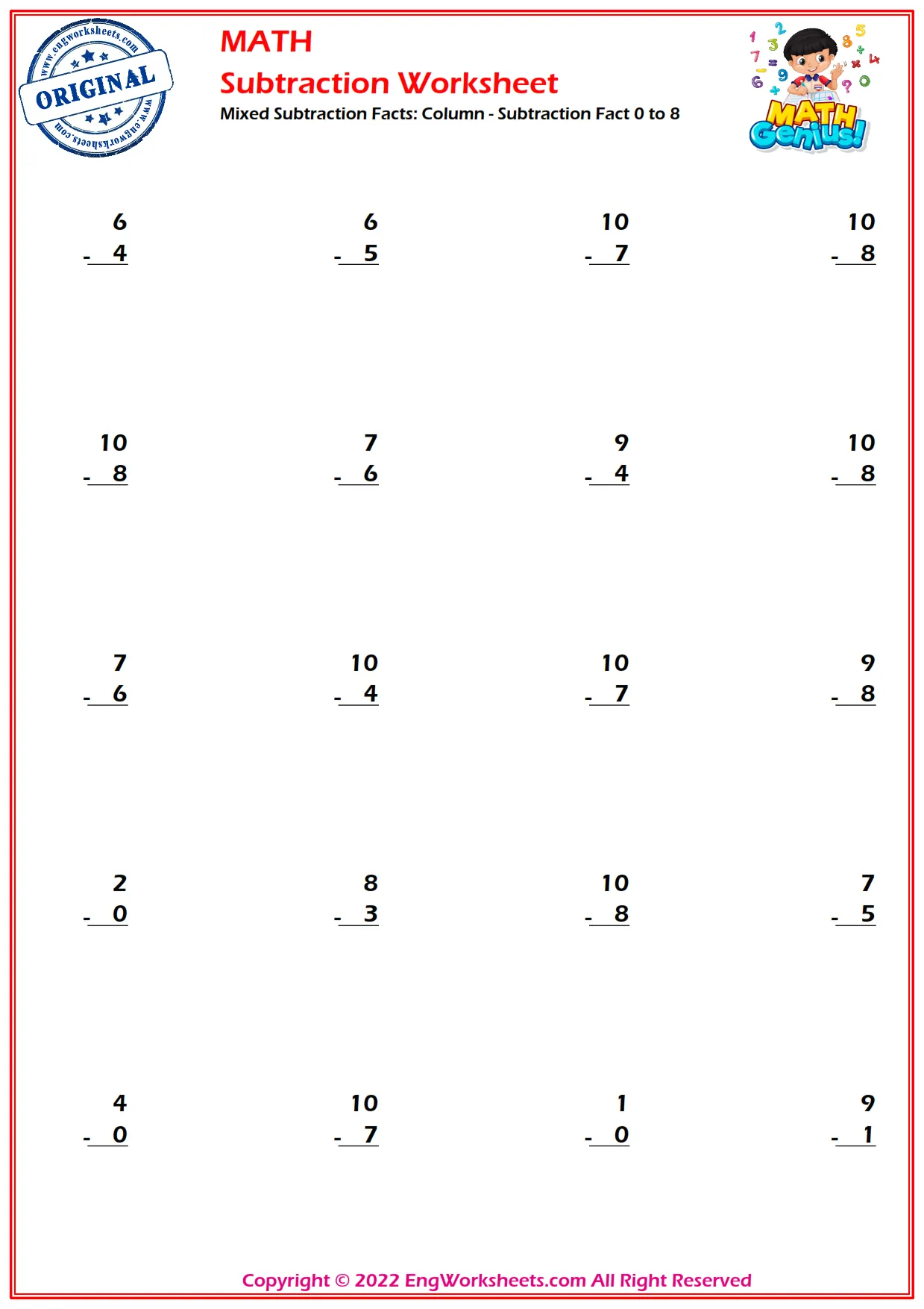 Mixed Subtraction Facts: Column - Subtraction Fact 0 to 8