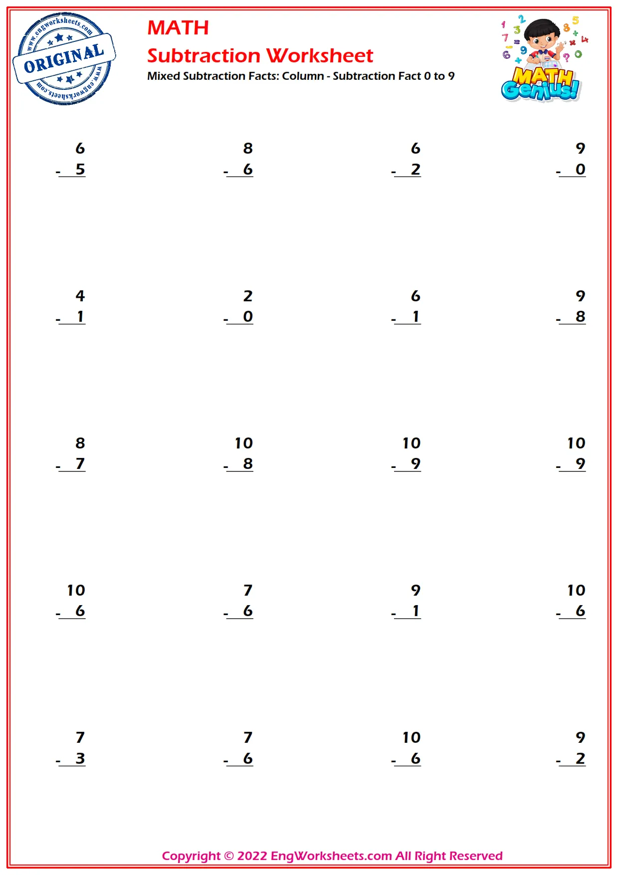 Mixed Subtraction Facts: Column - Subtraction Fact 0 to 9