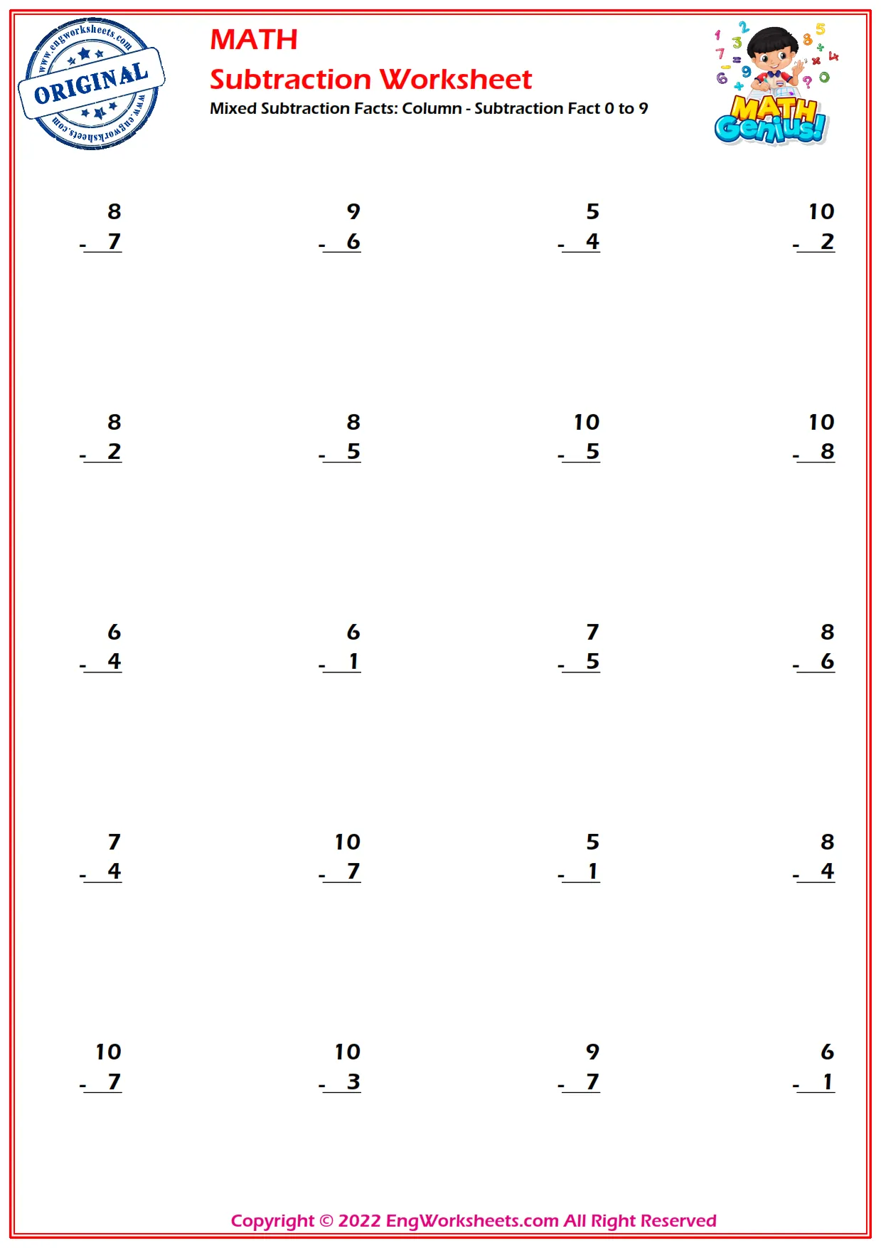 Mixed Subtraction Facts: Column - Subtraction Fact 0 to 9