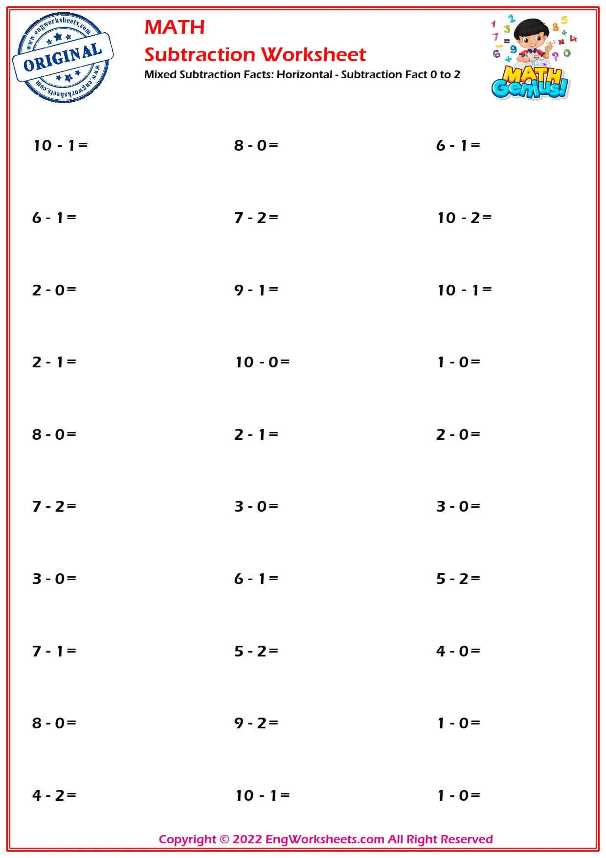Mixed Subtraction Facts: Horizontal - Subtraction Fact 0 to 2