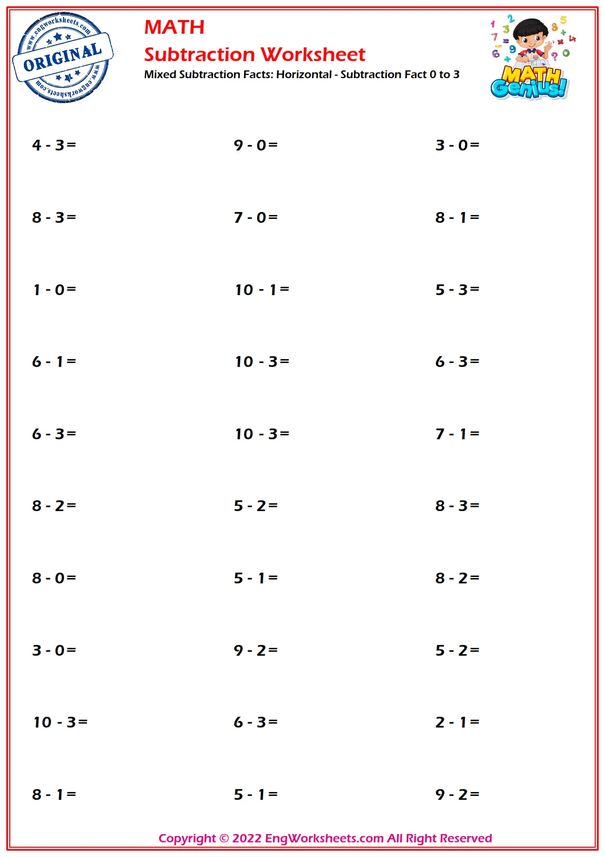 Mixed Subtraction Facts: Horizontal - Subtraction Fact 0 to 3
