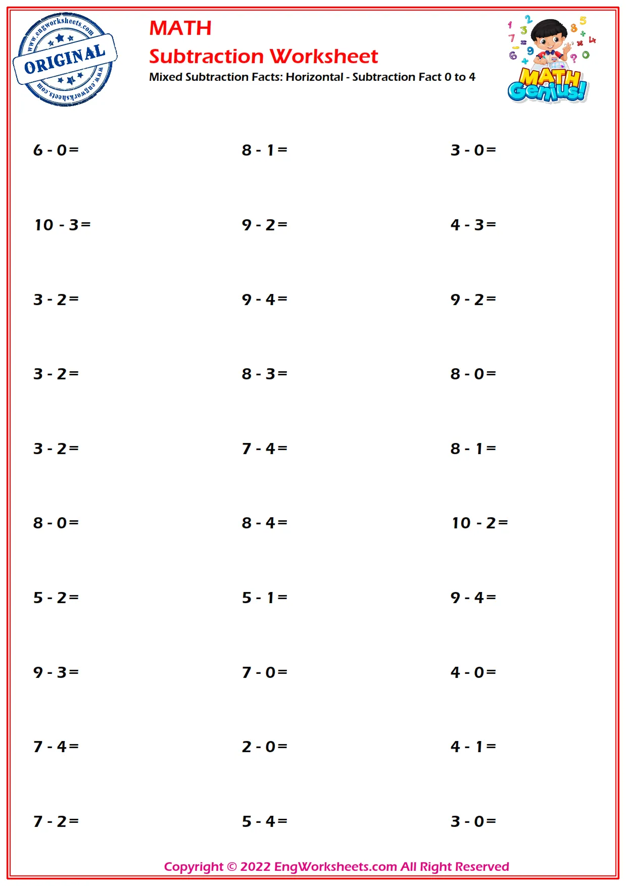 Mixed Subtraction Facts: Horizontal - Subtraction Fact 0 to 4