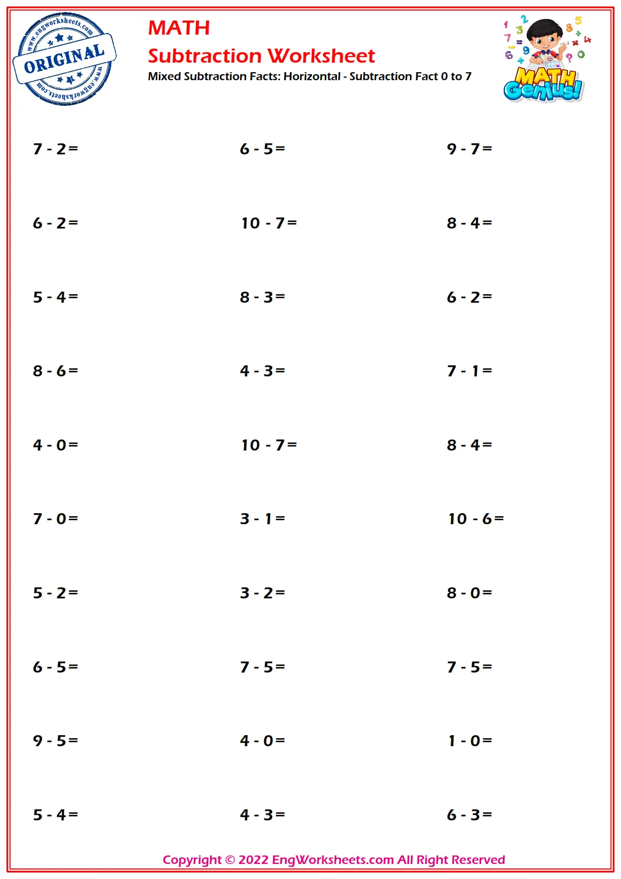 Mixed Subtraction Facts: Horizontal - Subtraction Fact 0 to 7
