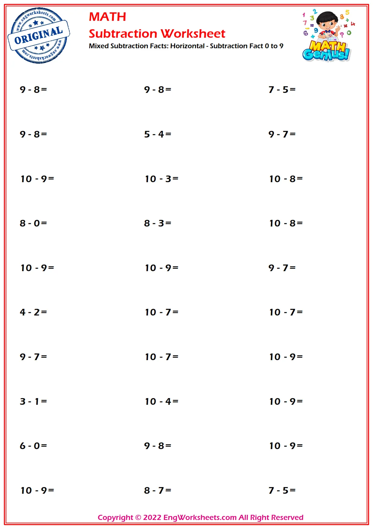 Mixed Subtraction Facts: Horizontal - Subtraction Fact 0 to 9