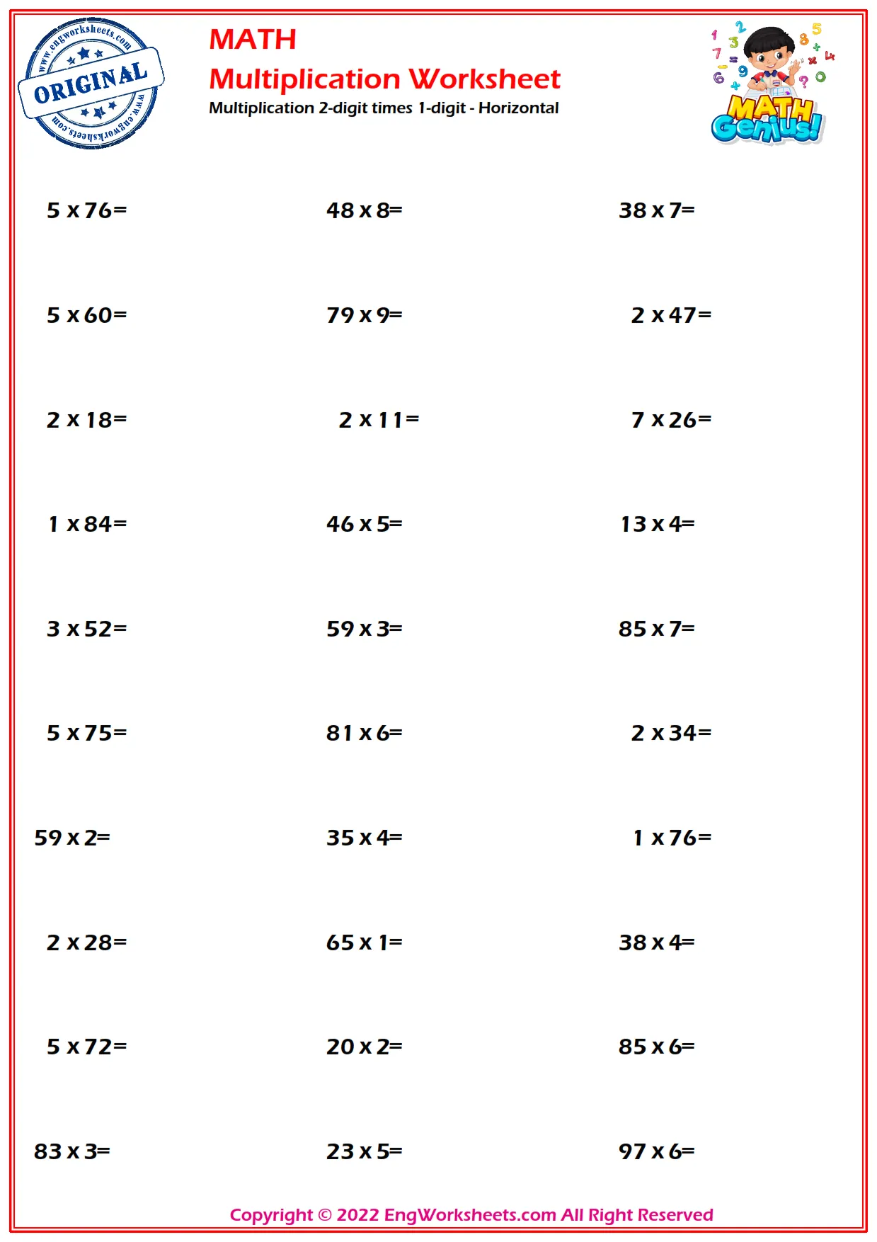 Multiplication 2-digit times 1-digit - Horizontal