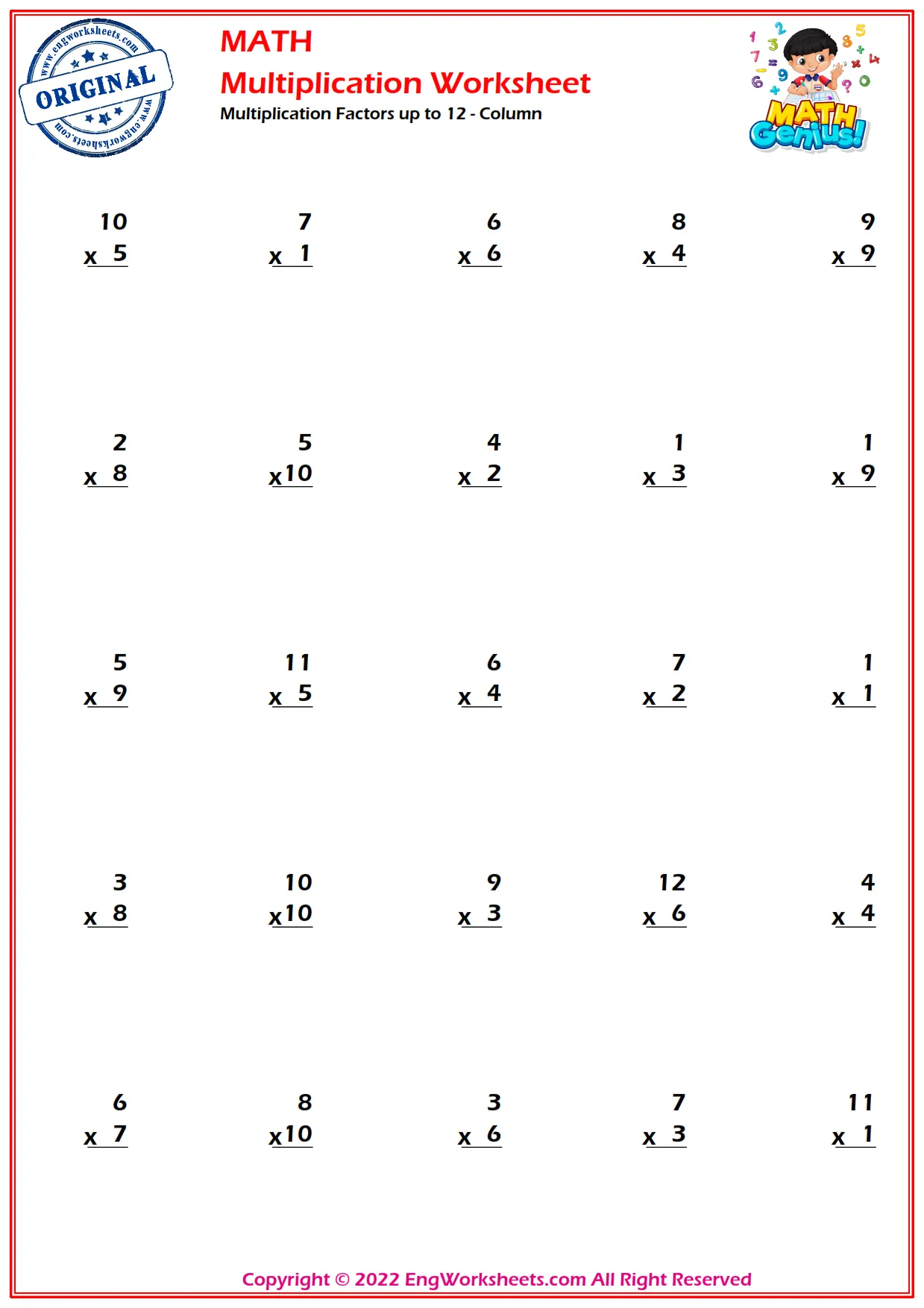 Multiplication Factors up to 12 - Column