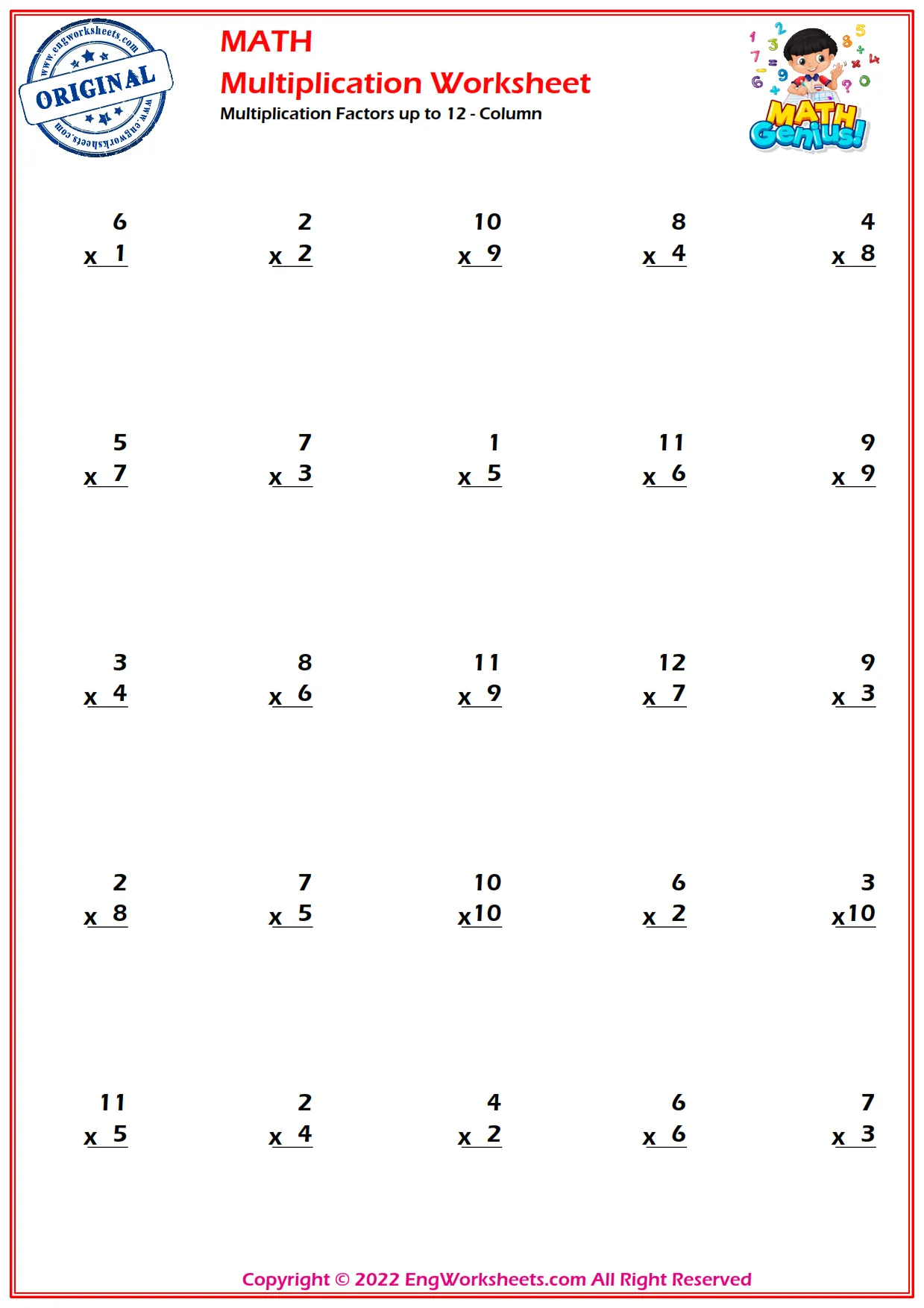 Multiplication Factors up to 12 - Column