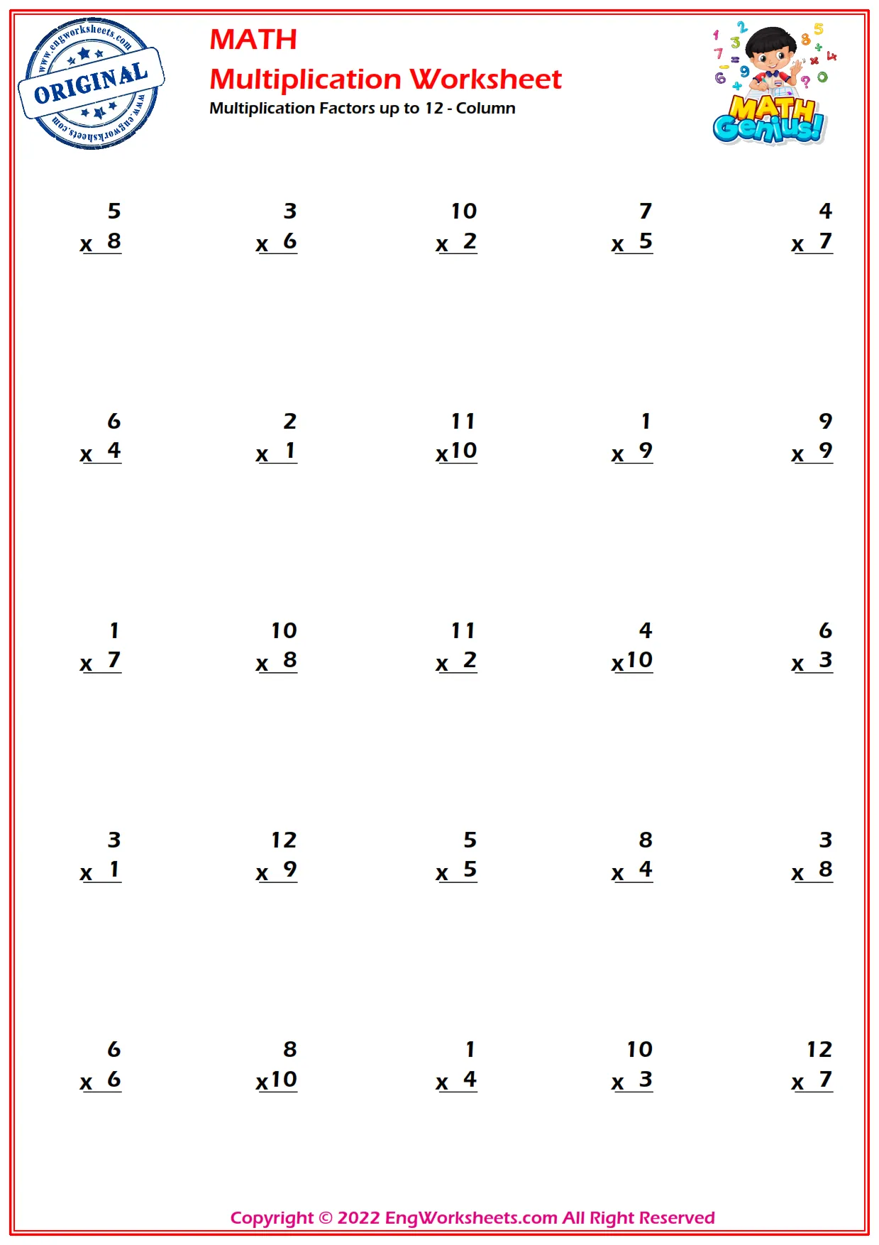 Multiplication Factors up to 12 - Column