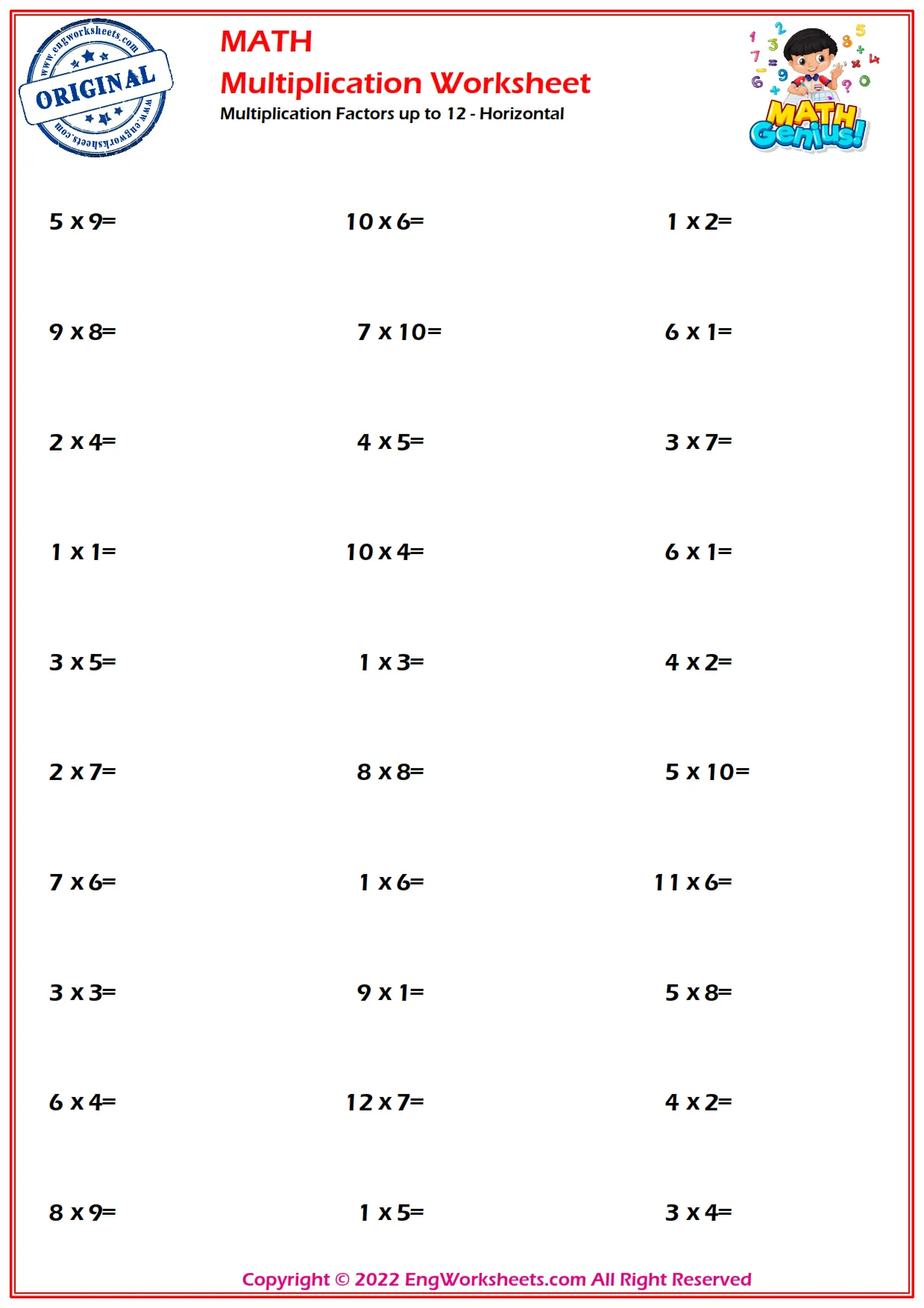 Multiplication Factors up to 12 - Horizontal