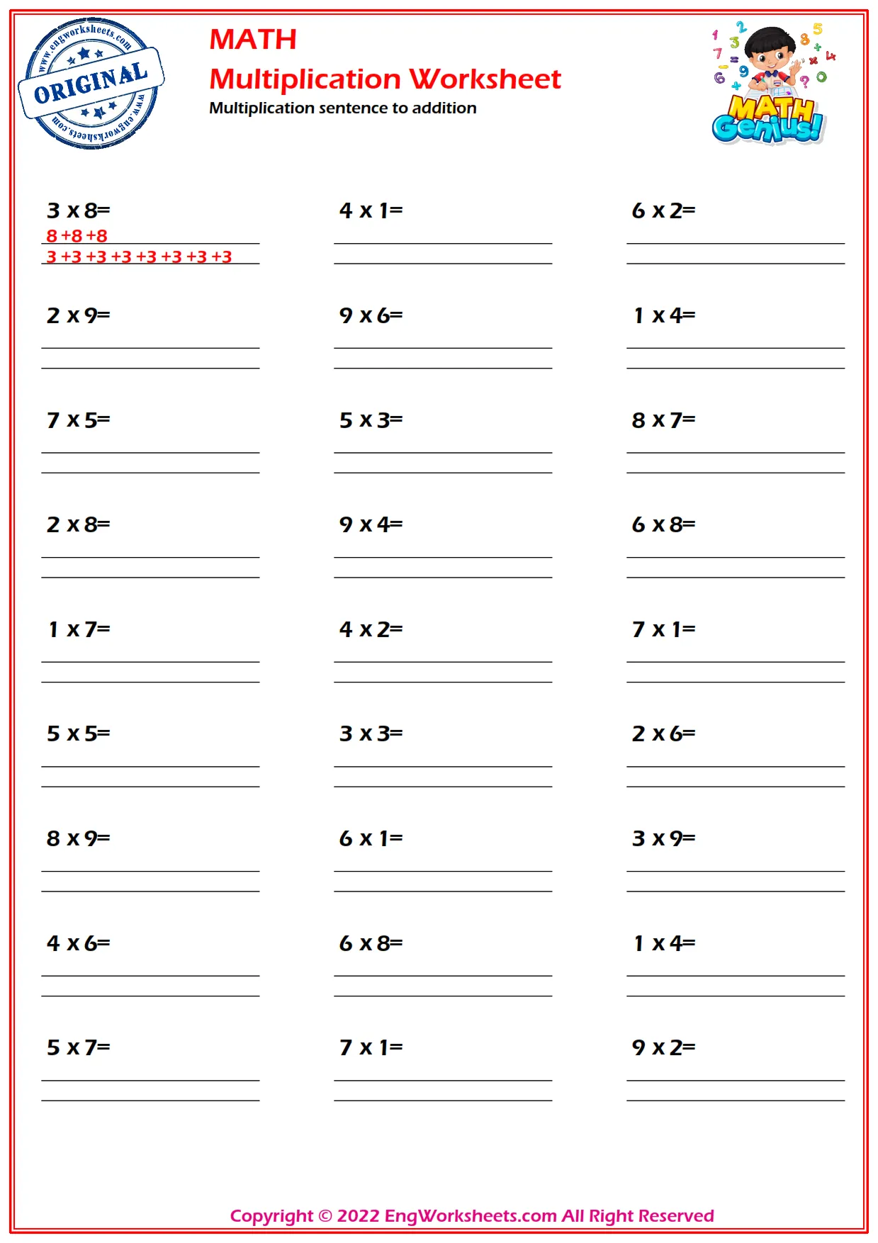 Multiplication sentence to addition