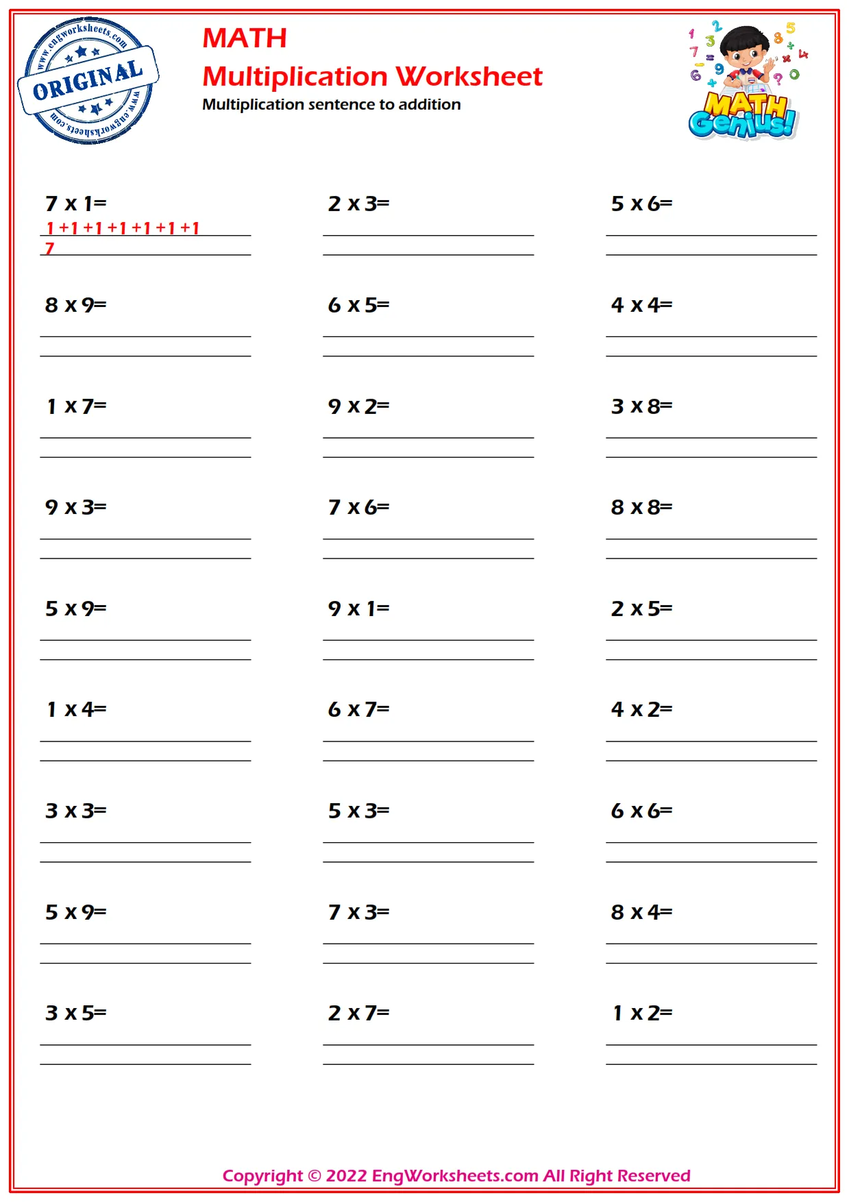 Multiplication sentence to addition