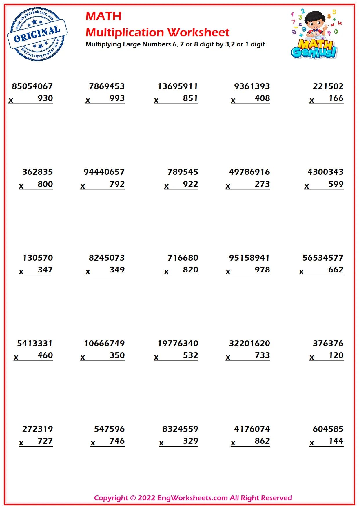 Multiplying Large Numbers 6, 7 or 8 digit by 3,2 or 1 digit