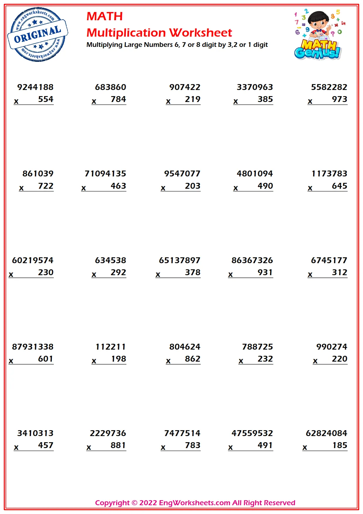 Multiplying Large Numbers 6, 7 or 8 digit by 3,2 or 1 digit