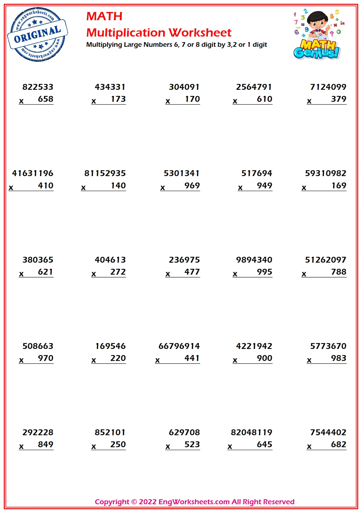 Multiplying Large Numbers 6, 7 or 8 digit by 3,2 or 1 digit
