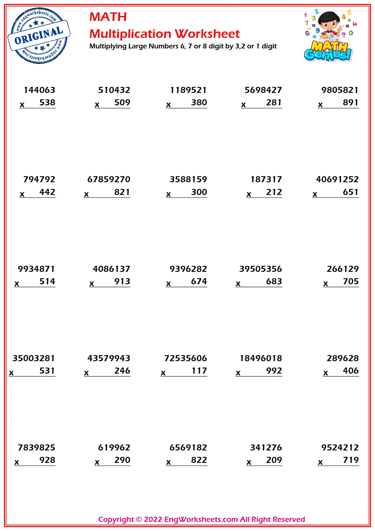 Multiplying Large Numbers 6, 7 or 8 digit by 3,2 or 1 digit