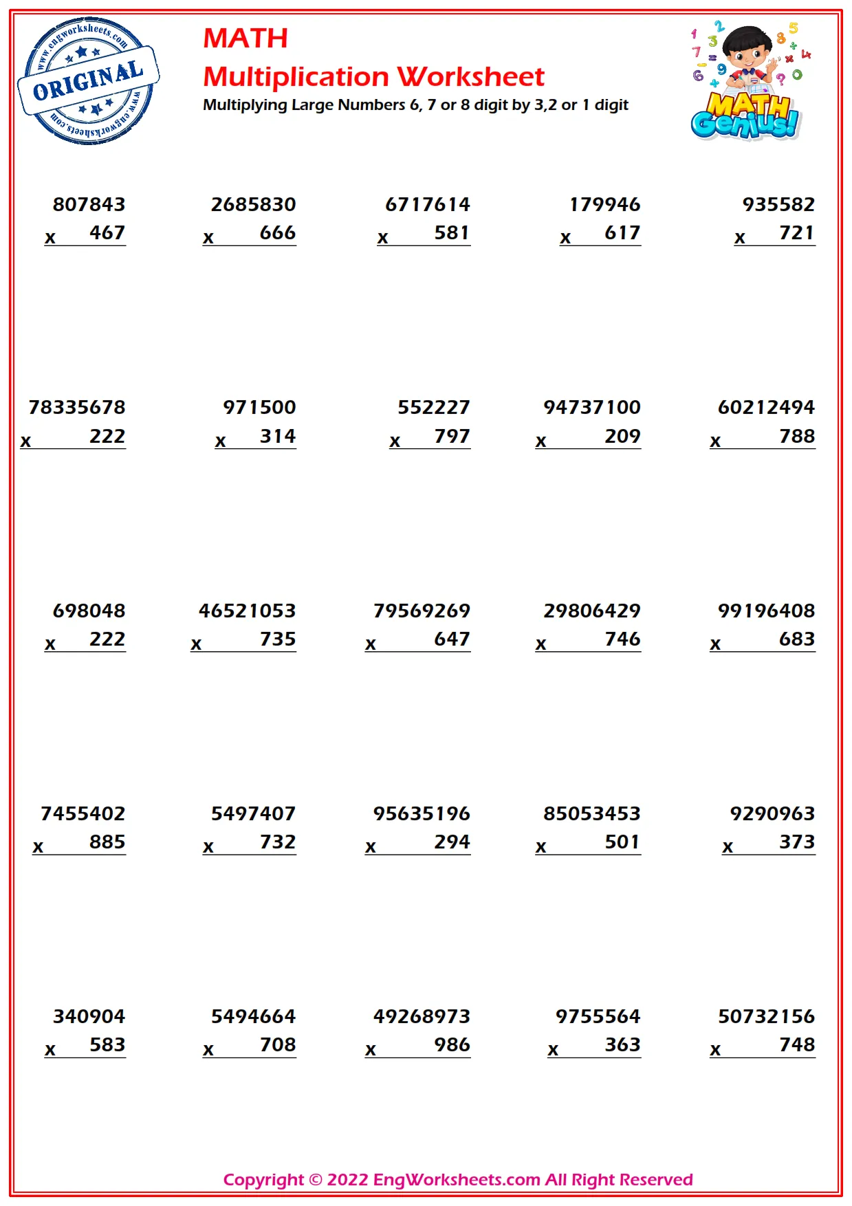 Multiplying Large Numbers 6, 7 or 8 digit by 3,2 or 1 digit