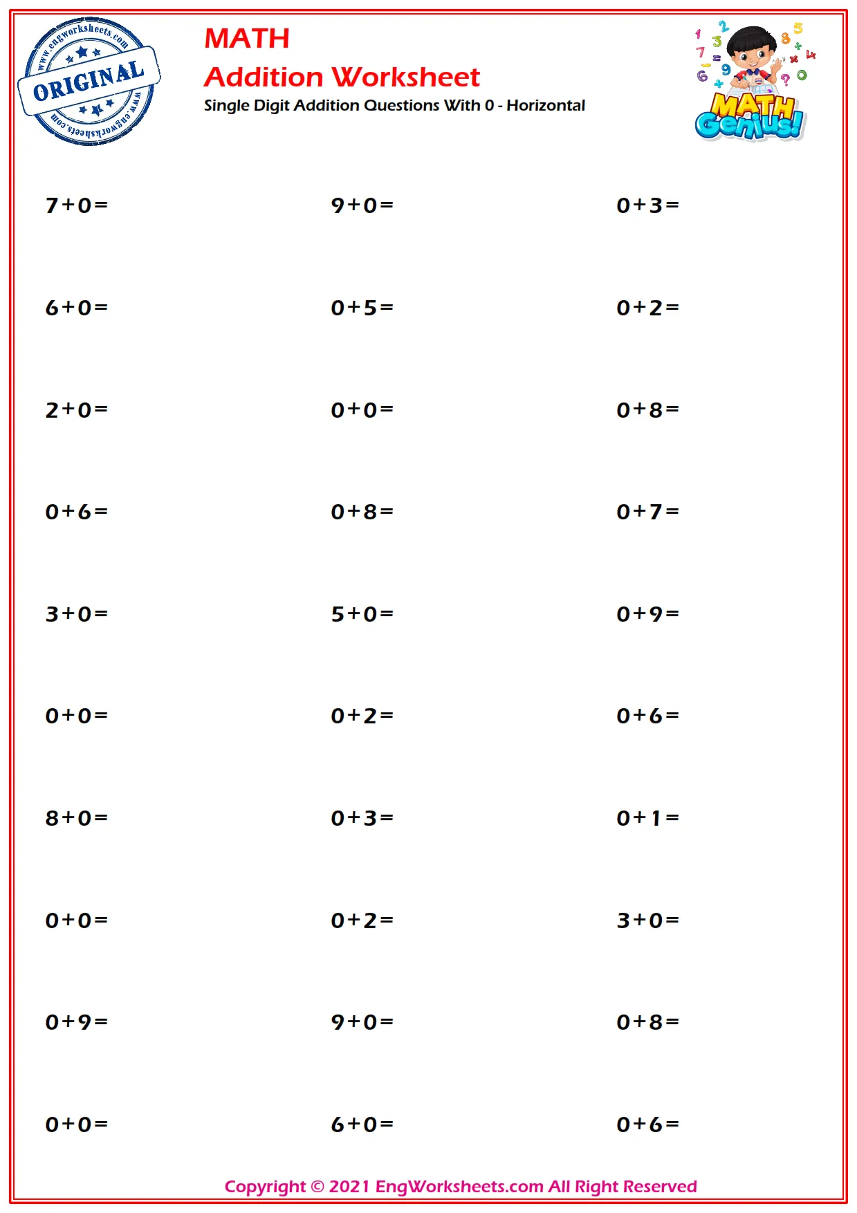 Single Number Addition Facts - Horizontal Worksheets and Exercise ...