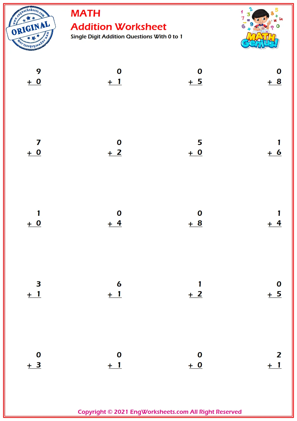 Single Digit Addition Questions With 0 to 1