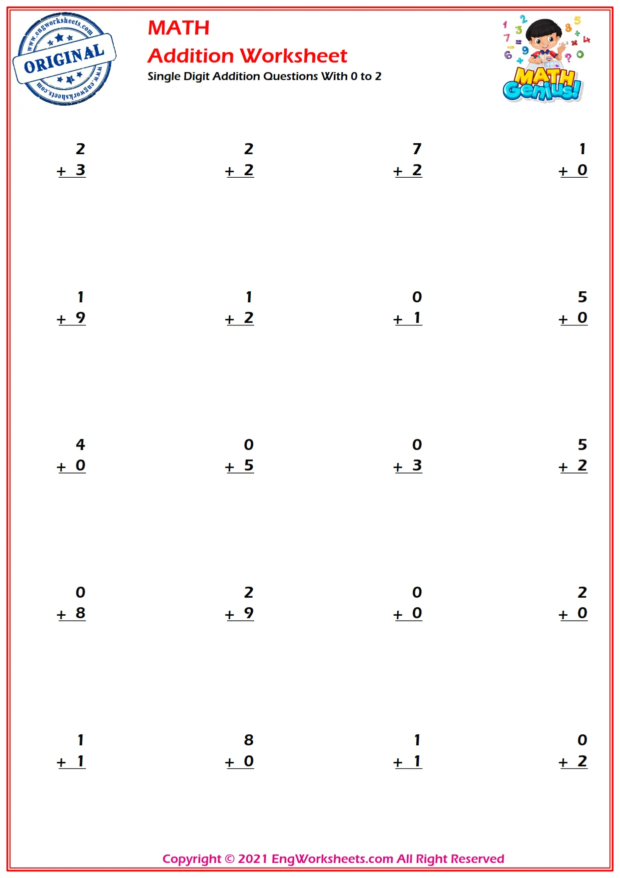 Single Digit Addition Questions With 0 to 2
