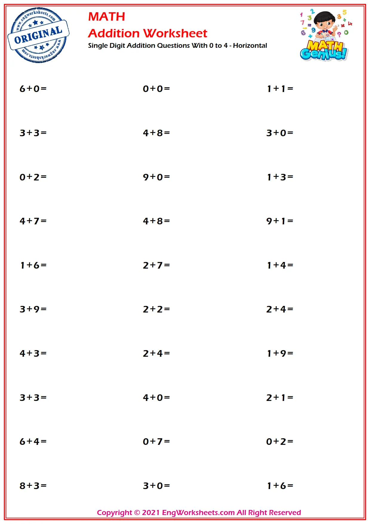 Single Digit Addition Questions With 0 to 4 - Horizontal