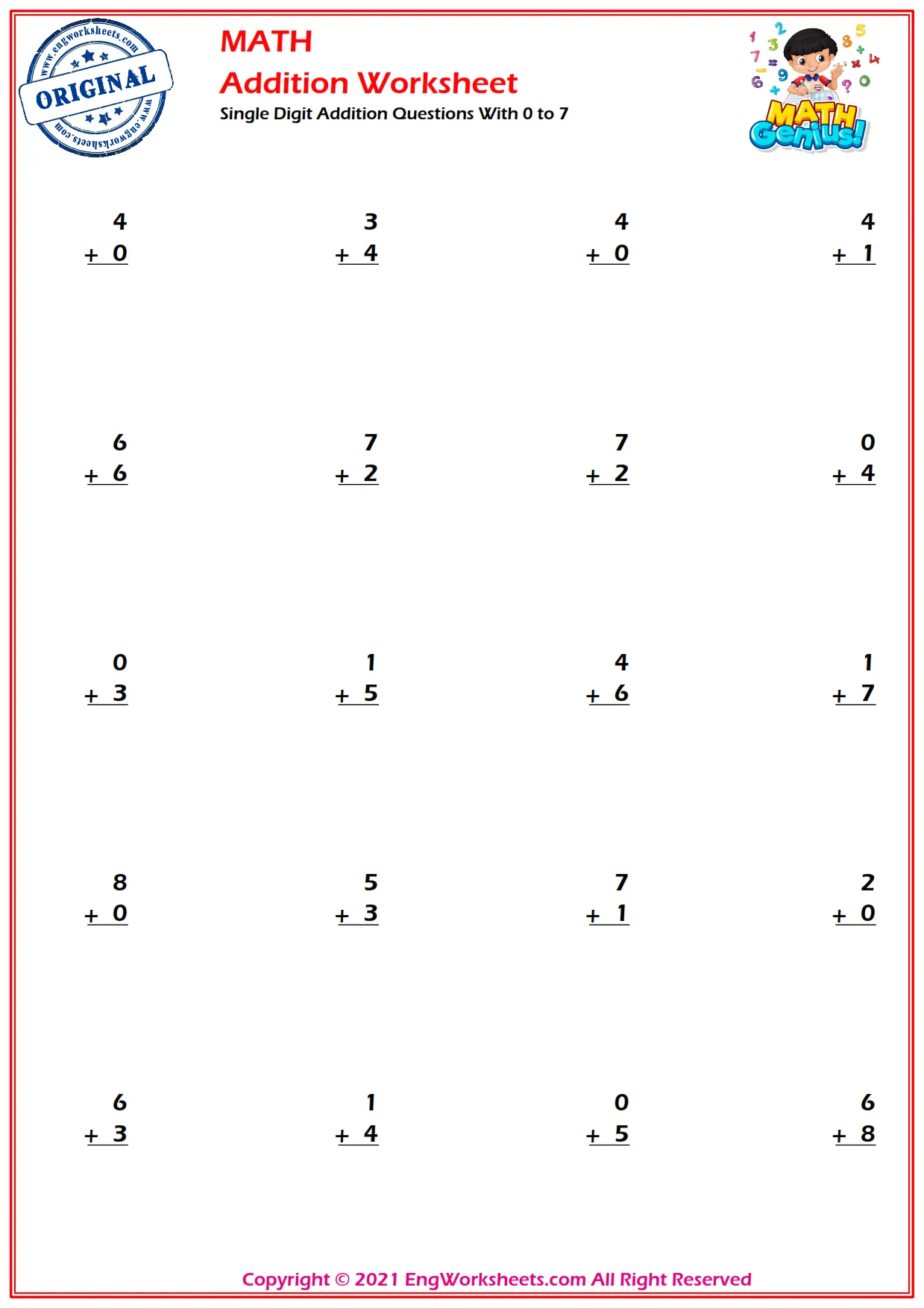 Single Digit Addition Questions With 0 to 7