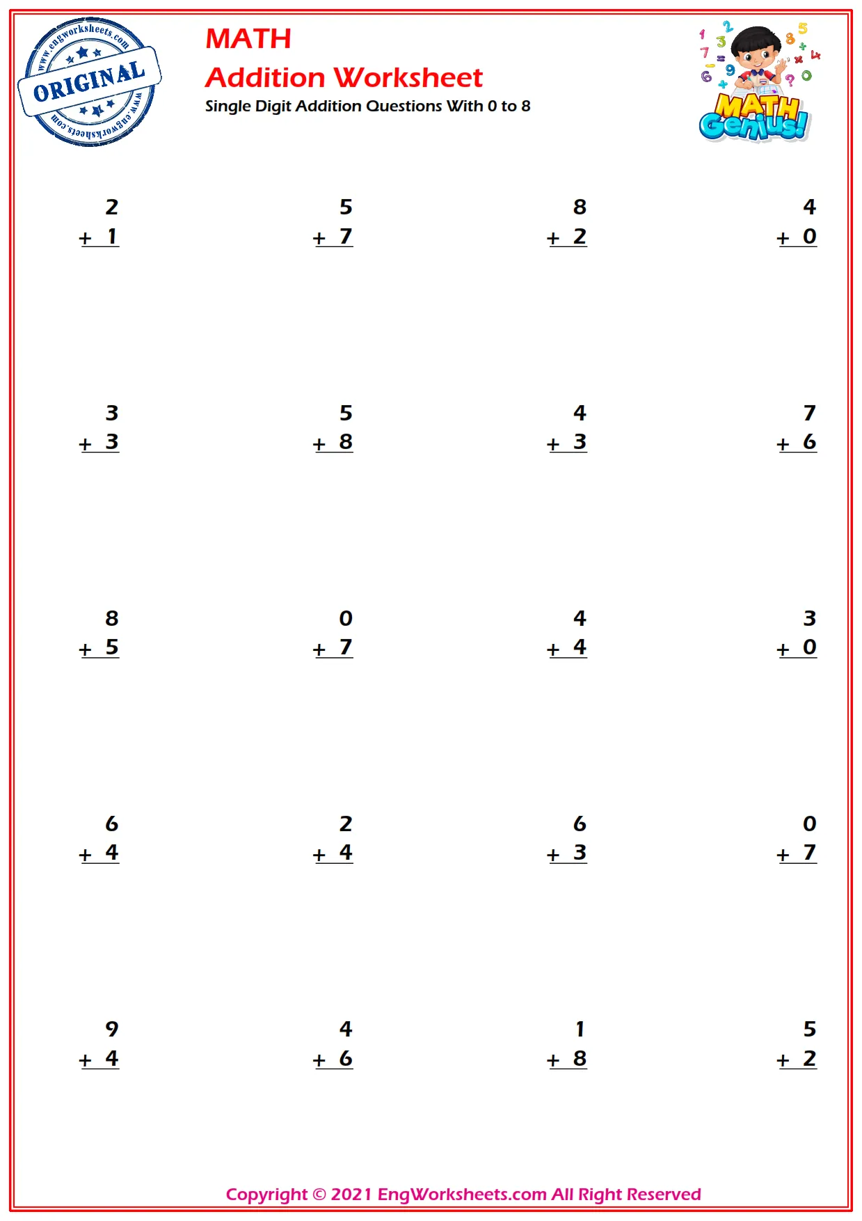 Single Digit Addition Questions With 0 to 8