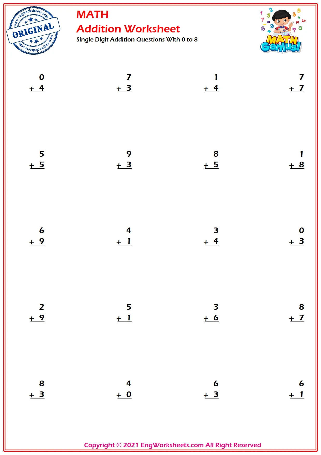 Single Digit Addition Questions With 0 to 8