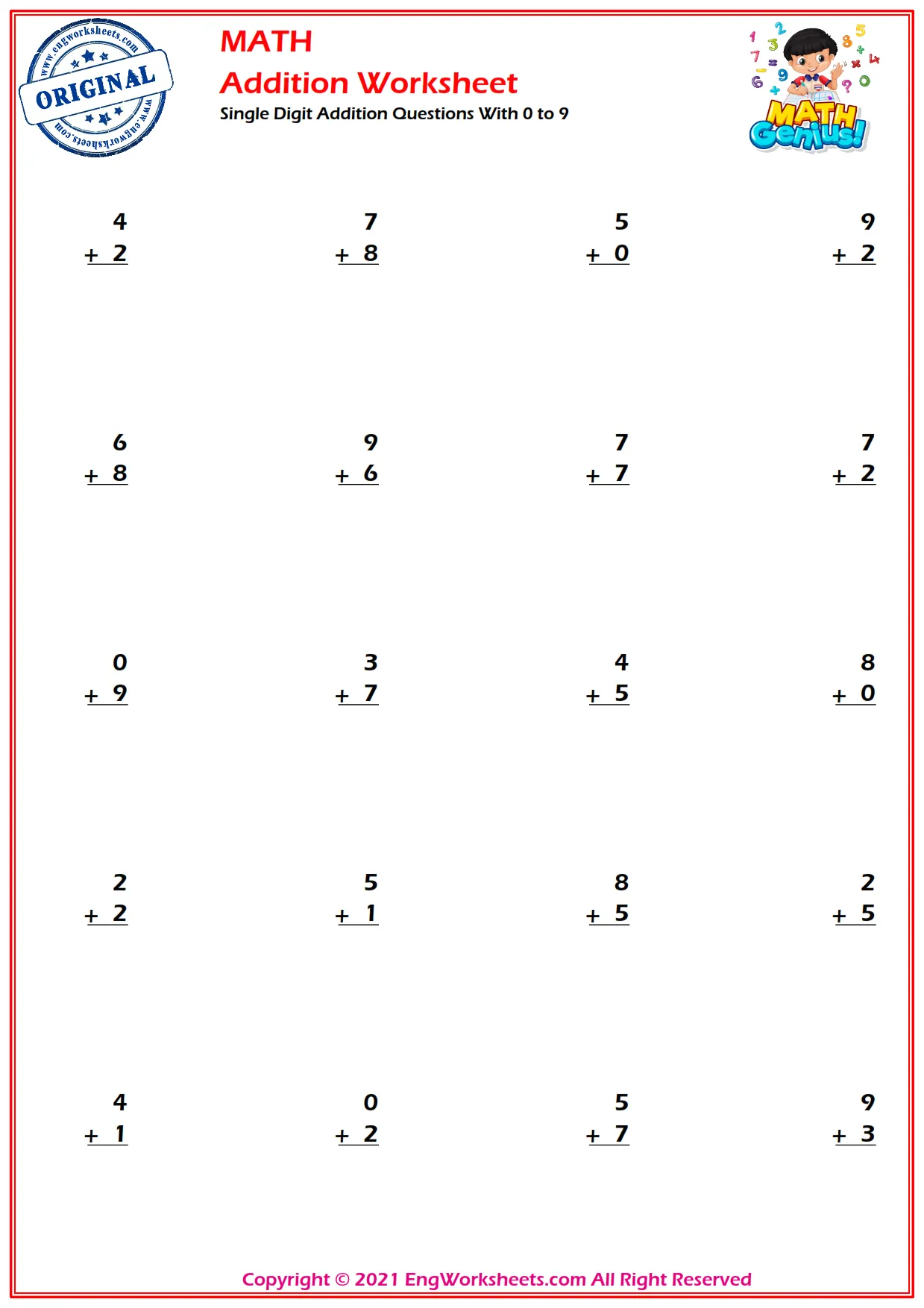 Single Digit Addition Questions With 0 to 9