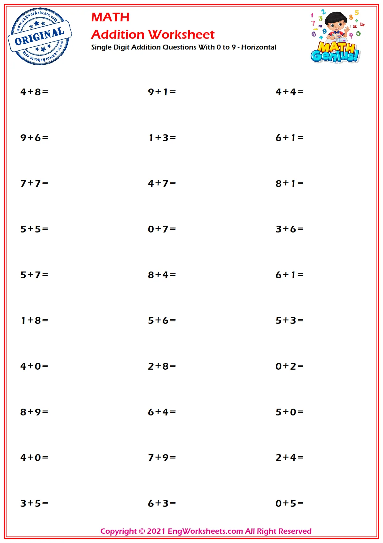 Single Digit Addition Questions With 0 to 9 - Horizontal