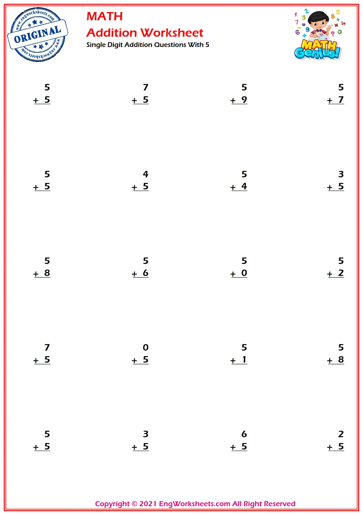 Single Digit Addition Questions With 5