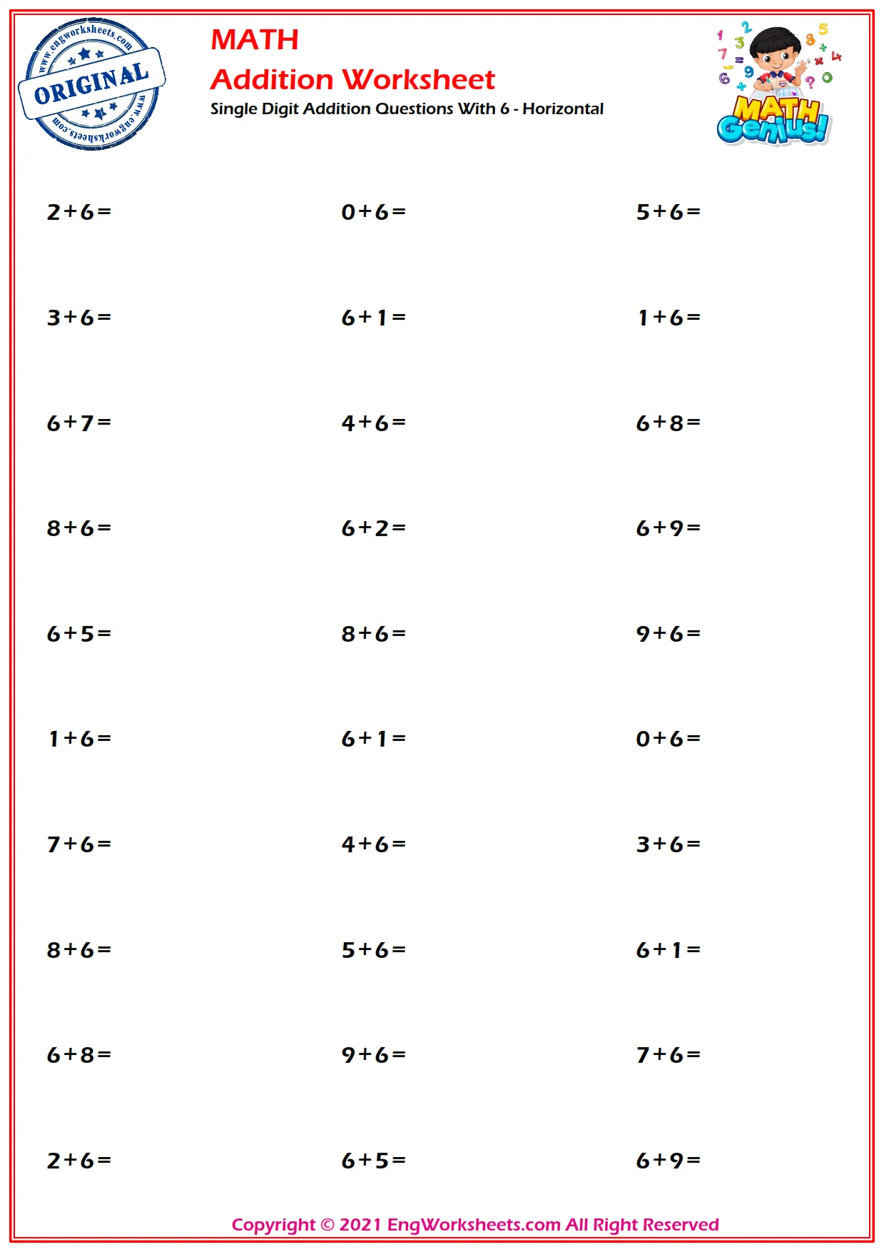 Single Digit Addition Questions With 6 - Horizontal