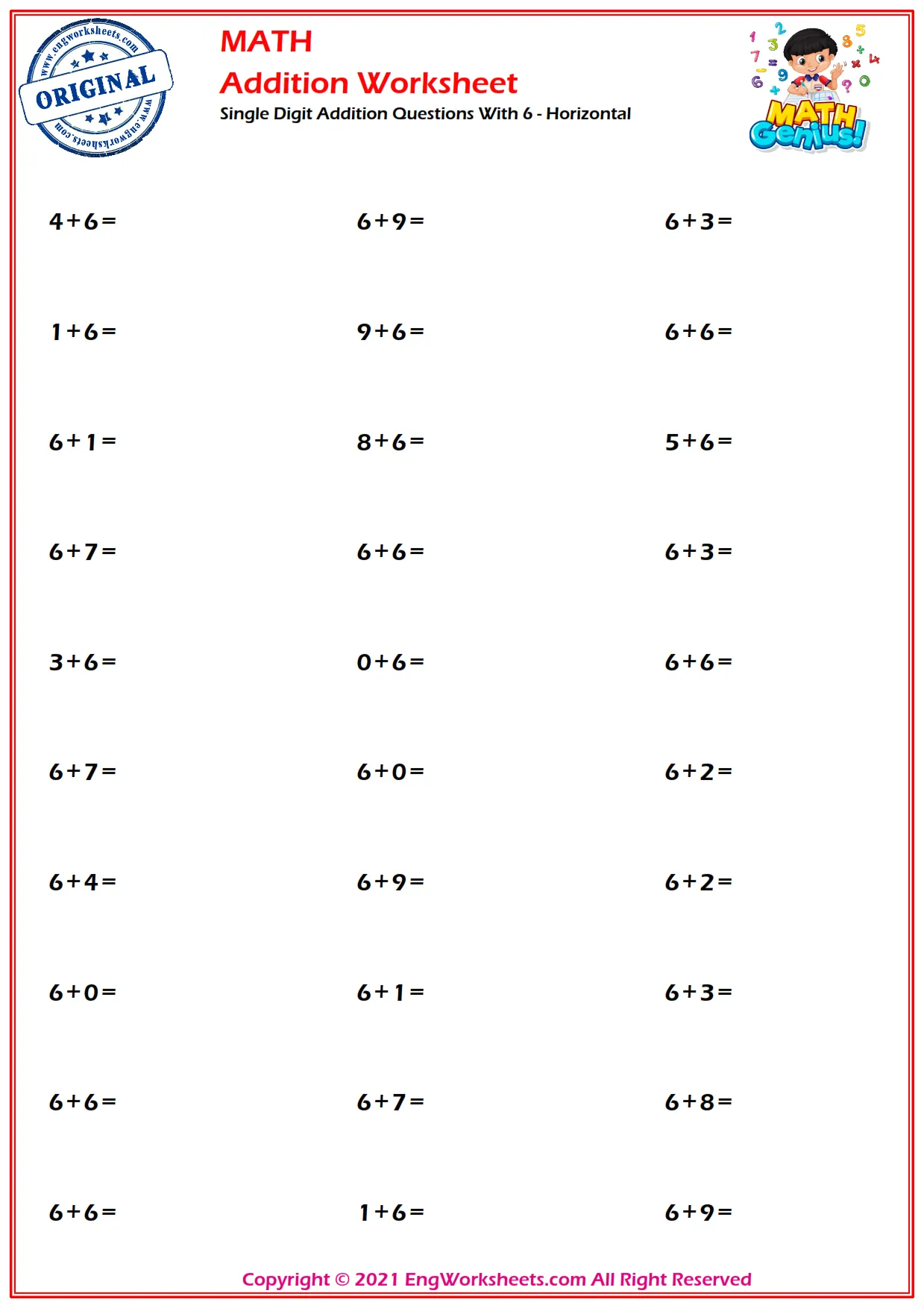 Single Digit Addition Questions With 6 - Horizontal