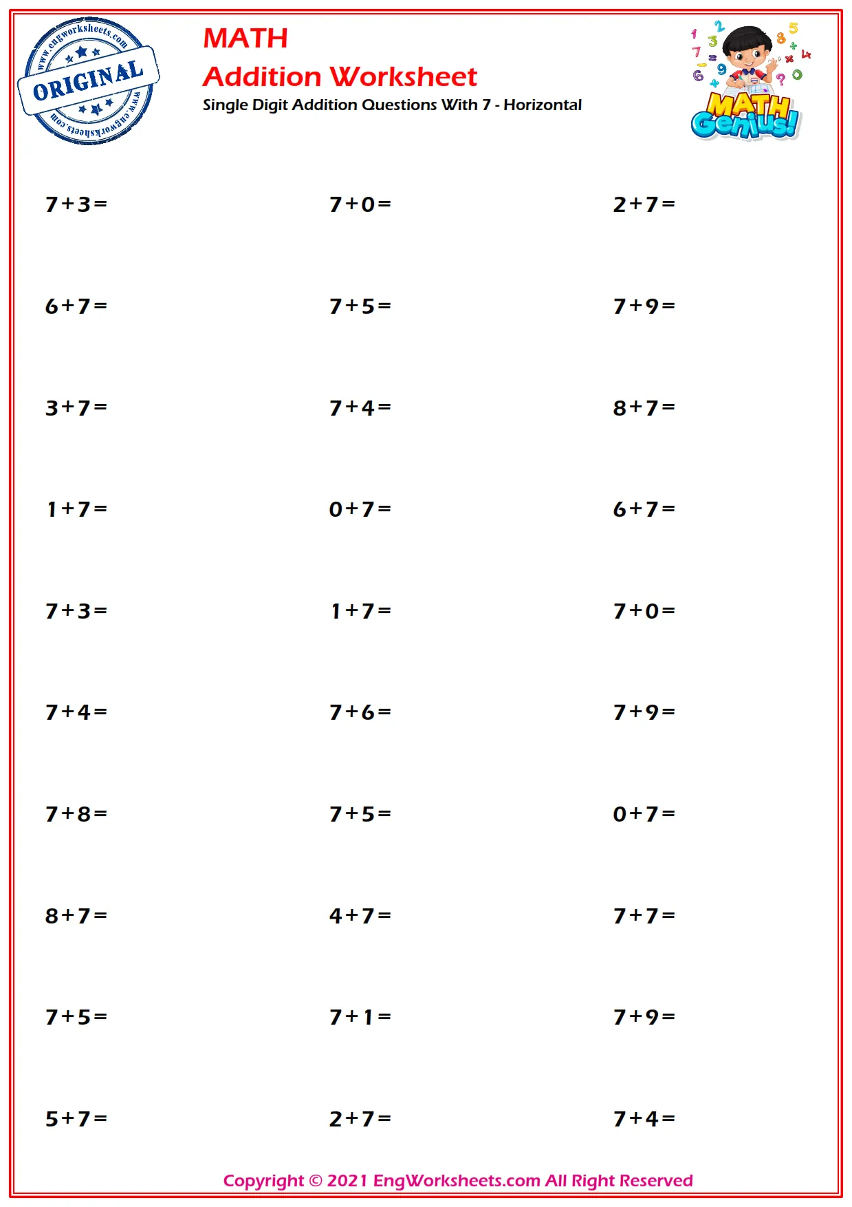 Single Digit Addition Questions With 7 - Horizontal