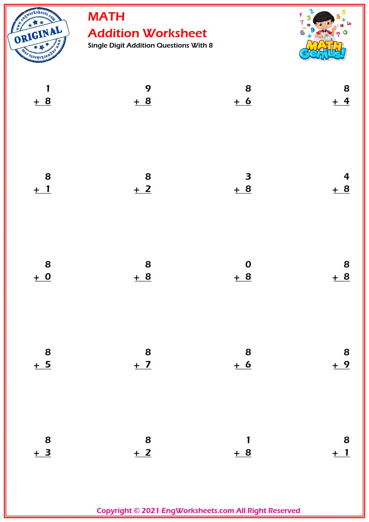 Single Digit Addition Questions With 8