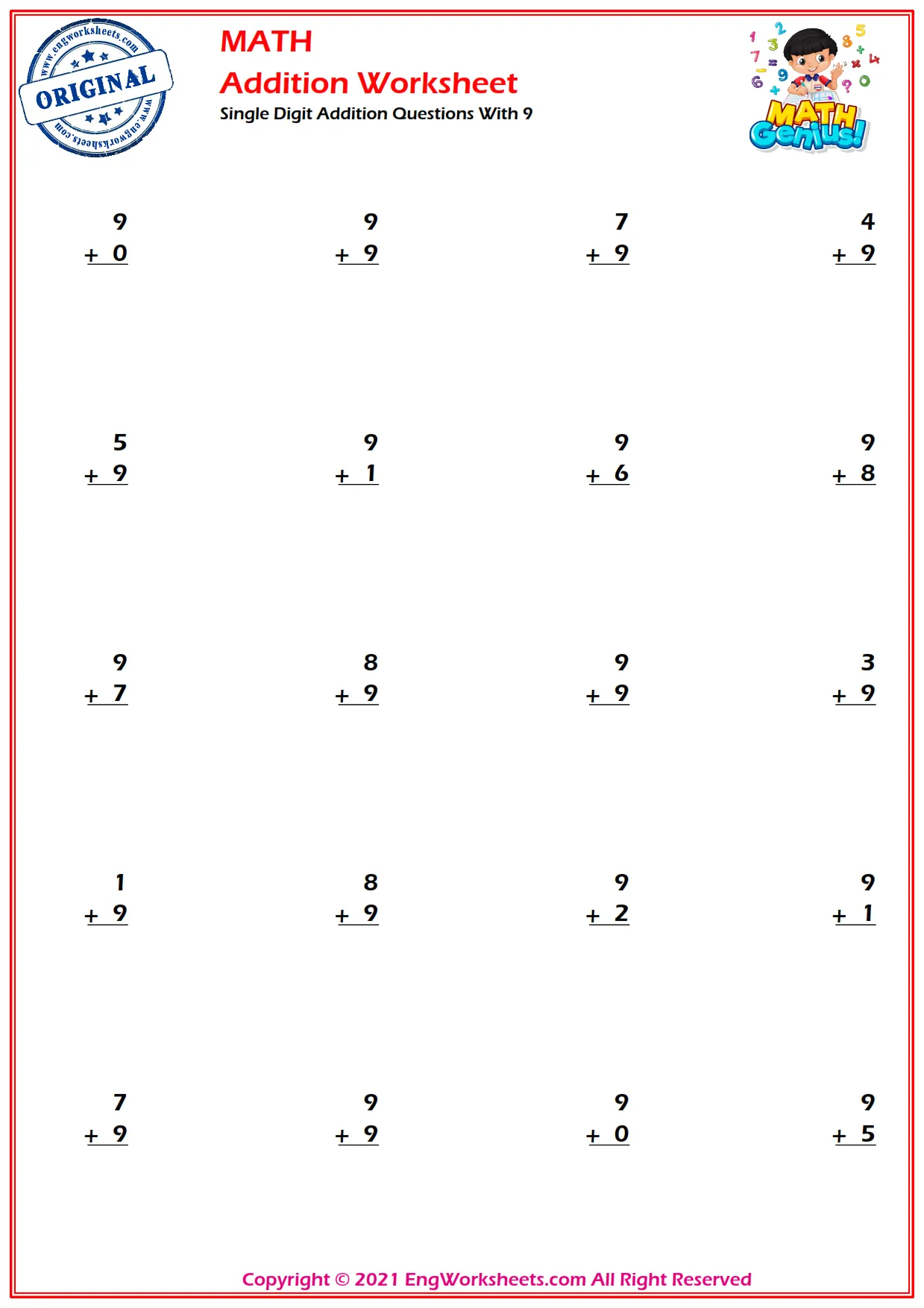 Single Digit Addition Questions With 9