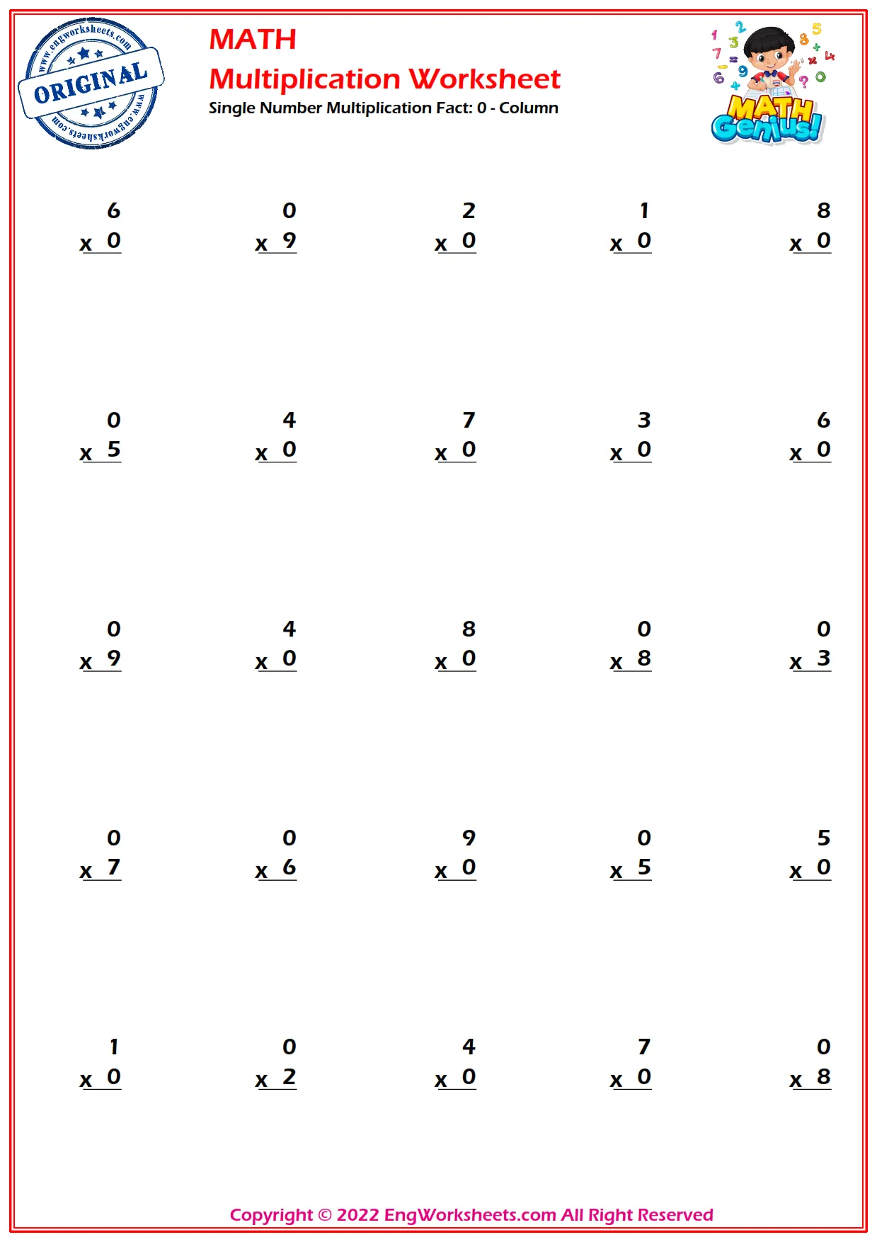 Mixed Multiplication Facts - Column