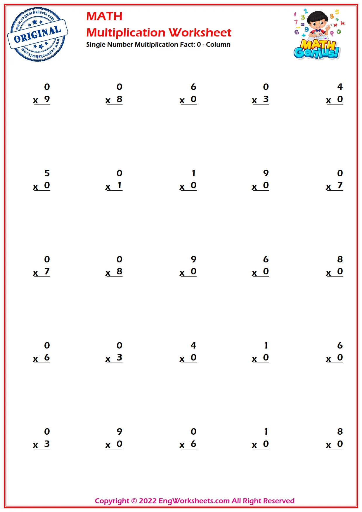 Single Number Multiplication Facts - Horizontal