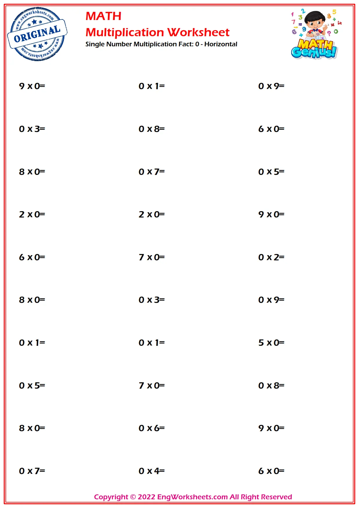 Single Number Multiplication Fact: 0 - Horizontal
